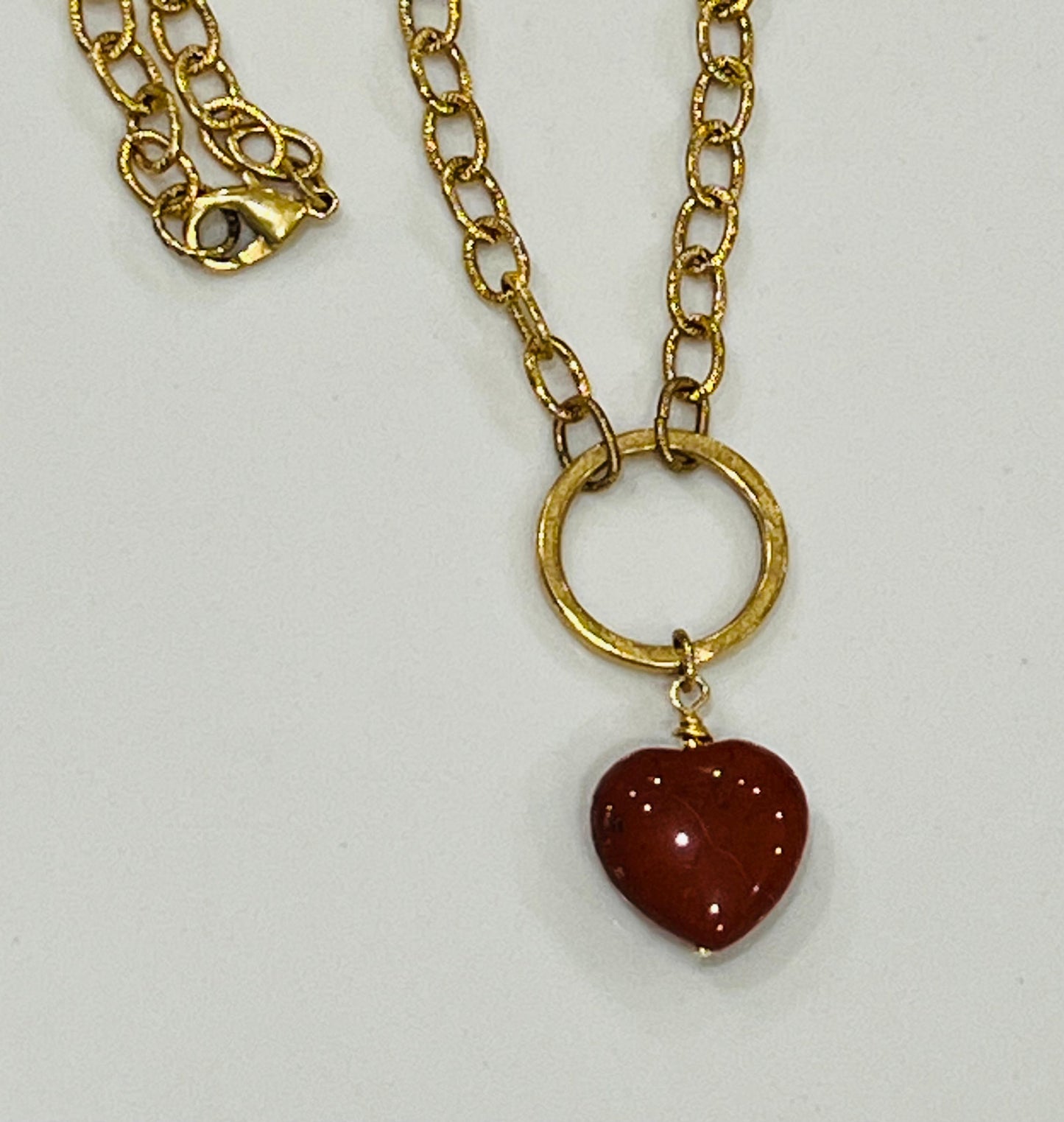 Gold Textured Cable Pendant Drop Necklace with Red Jasper Heart Pendant Gorgeous Layering Statement Necklace Gold Circle Drop Necklace