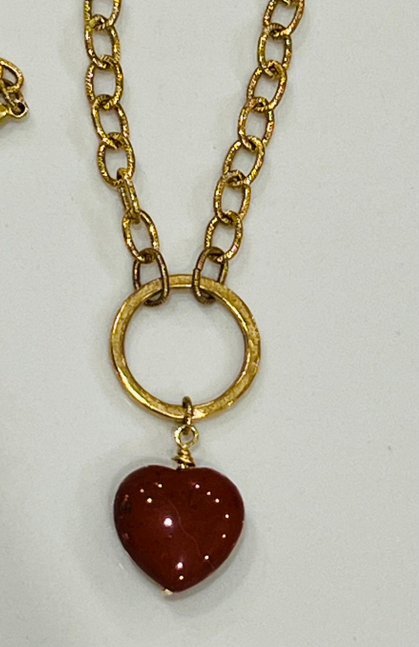 Gold Textured Cable Pendant Drop Necklace with Red Jasper Heart Pendant Gorgeous Layering Statement Necklace Gold Circle Drop Necklace