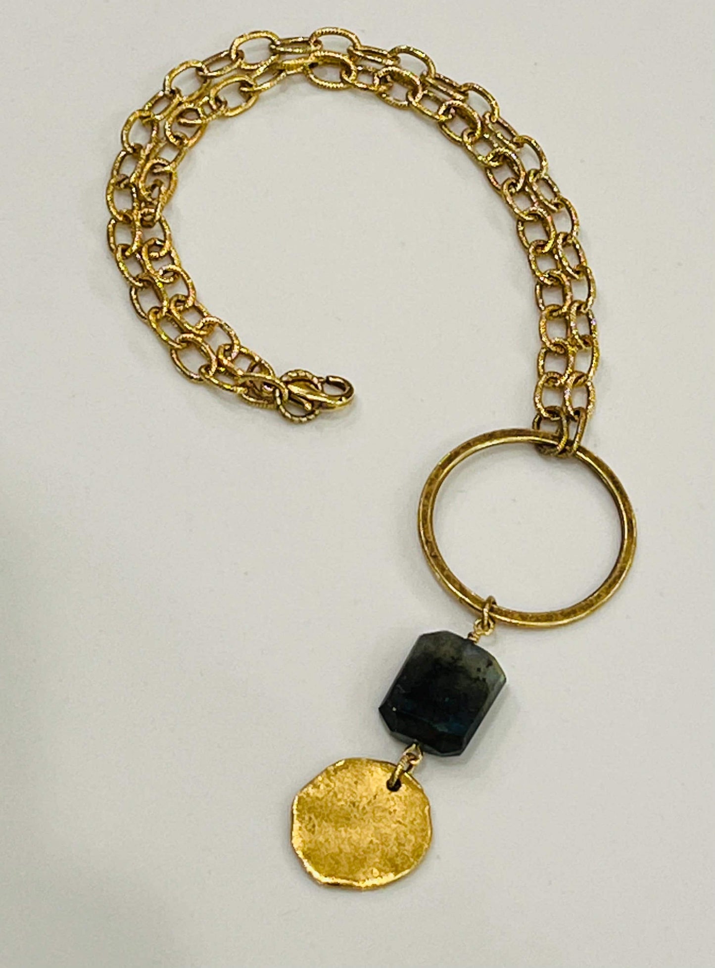 Gold Textured Cable Pendant Drop Necklace with Labradorite and Gold Coin Pendants Layering Statement Necklace Gold Coin Drop Necklace