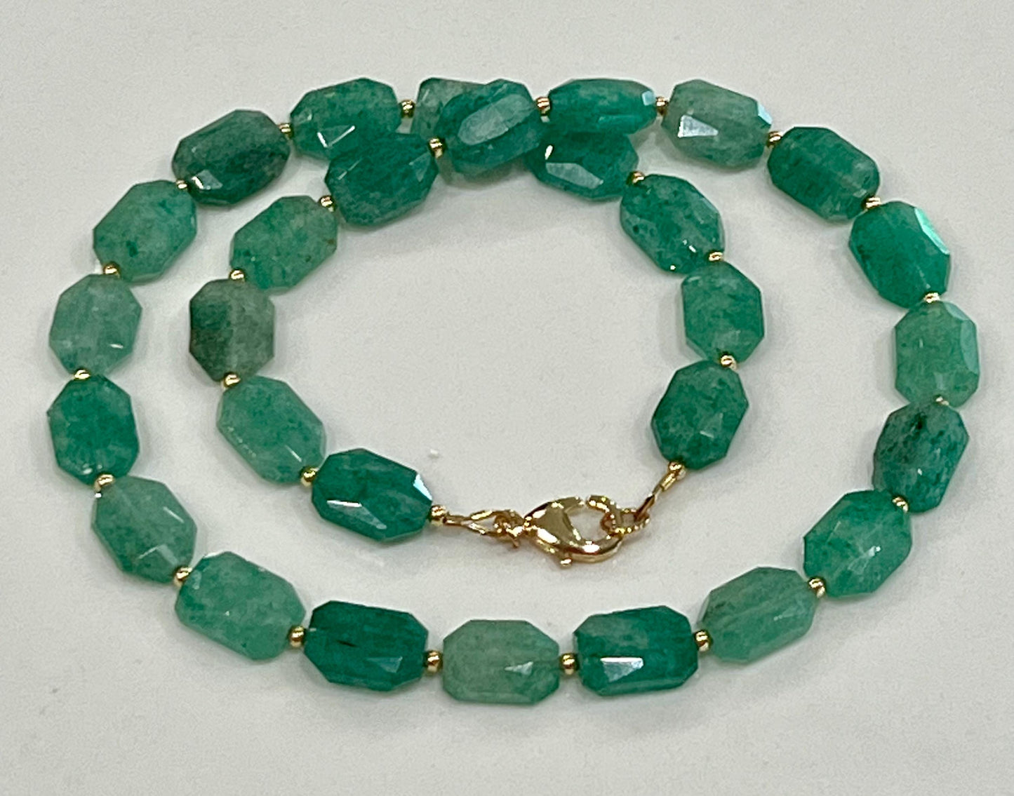 Green Strawberry Quartz Beaded Necklace 18k Gold Filled Clasp Green Beaded Layering Semi-Precious Stones 10x14mm Faceted Rectangle Stones