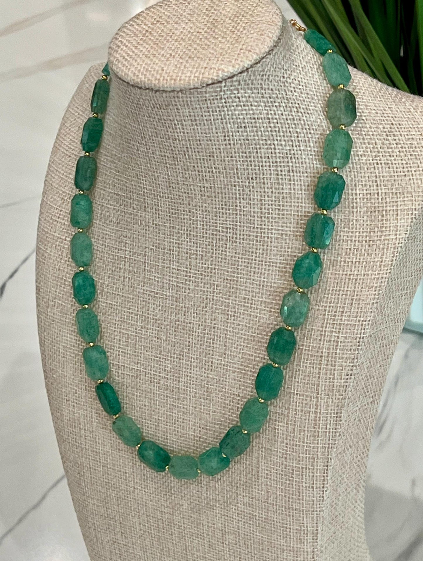 Green Strawberry Quartz Beaded Necklace 18k Gold Filled Clasp Green Beaded Layering Semi-Precious Stones 10x14mm Faceted Rectangle Stones