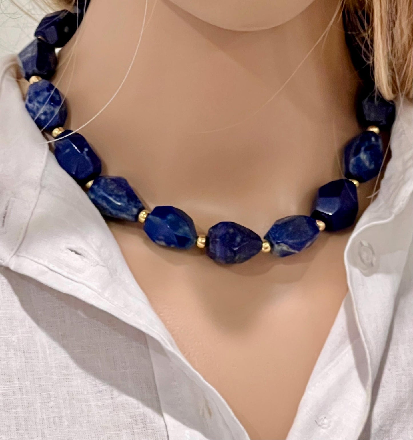 Lapis Beaded Necklace Chunky Lapis Statement Necklace 16.5 inches in Length 18k Gold Filled Clasp/Accent Beads Gorgeous Natural Gemstones