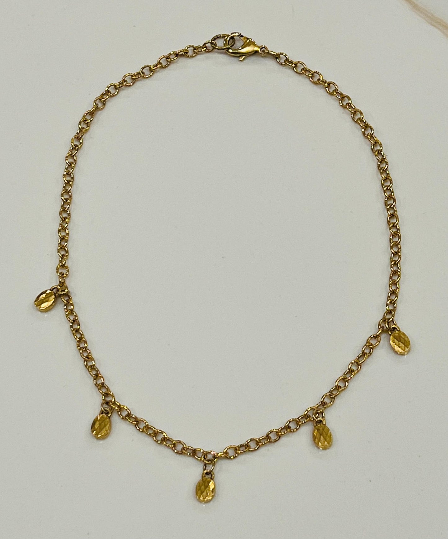 Dainty Gold Dangle Necklace Small Faceted Oval Pendants Non-Tarnish Gold Plated Pewter on Adjustable Length Gold Textured Chain Necklace