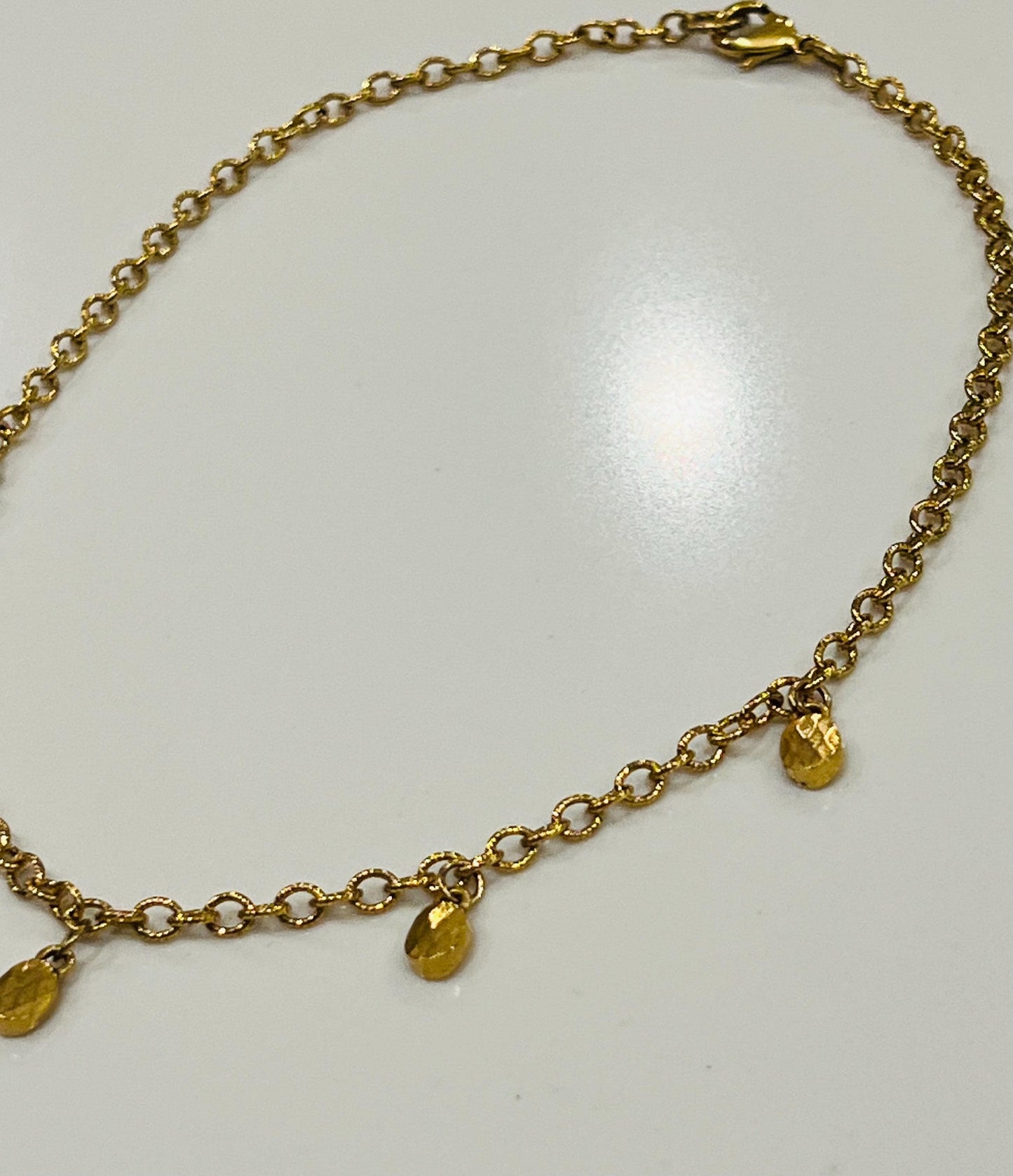 Dainty Gold Dangle Necklace Small Faceted Oval Pendants Non-Tarnish Gold Plated Pewter on Adjustable Length Gold Textured Chain Necklace
