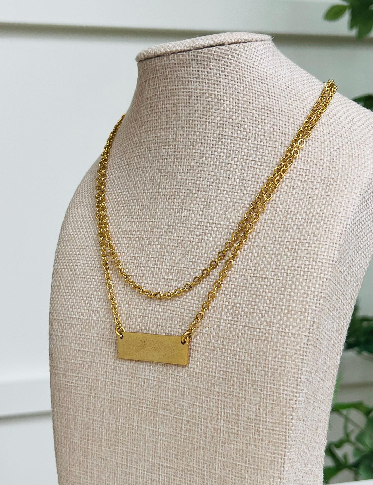 Gold Small Hammered Cable Link 2 Strand Layering Necklace with Gold Rectangular Tag Pendant Gorgeous Layering Statement Necklace