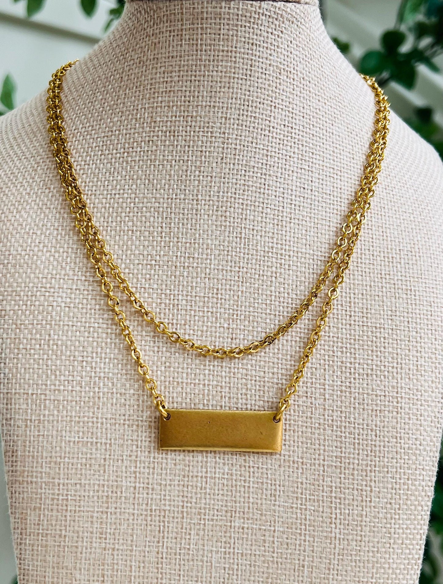 Gold Small Hammered Cable Link 2 Strand Layering Necklace with Gold Rectangular Tag Pendant Gorgeous Layering Statement Necklace