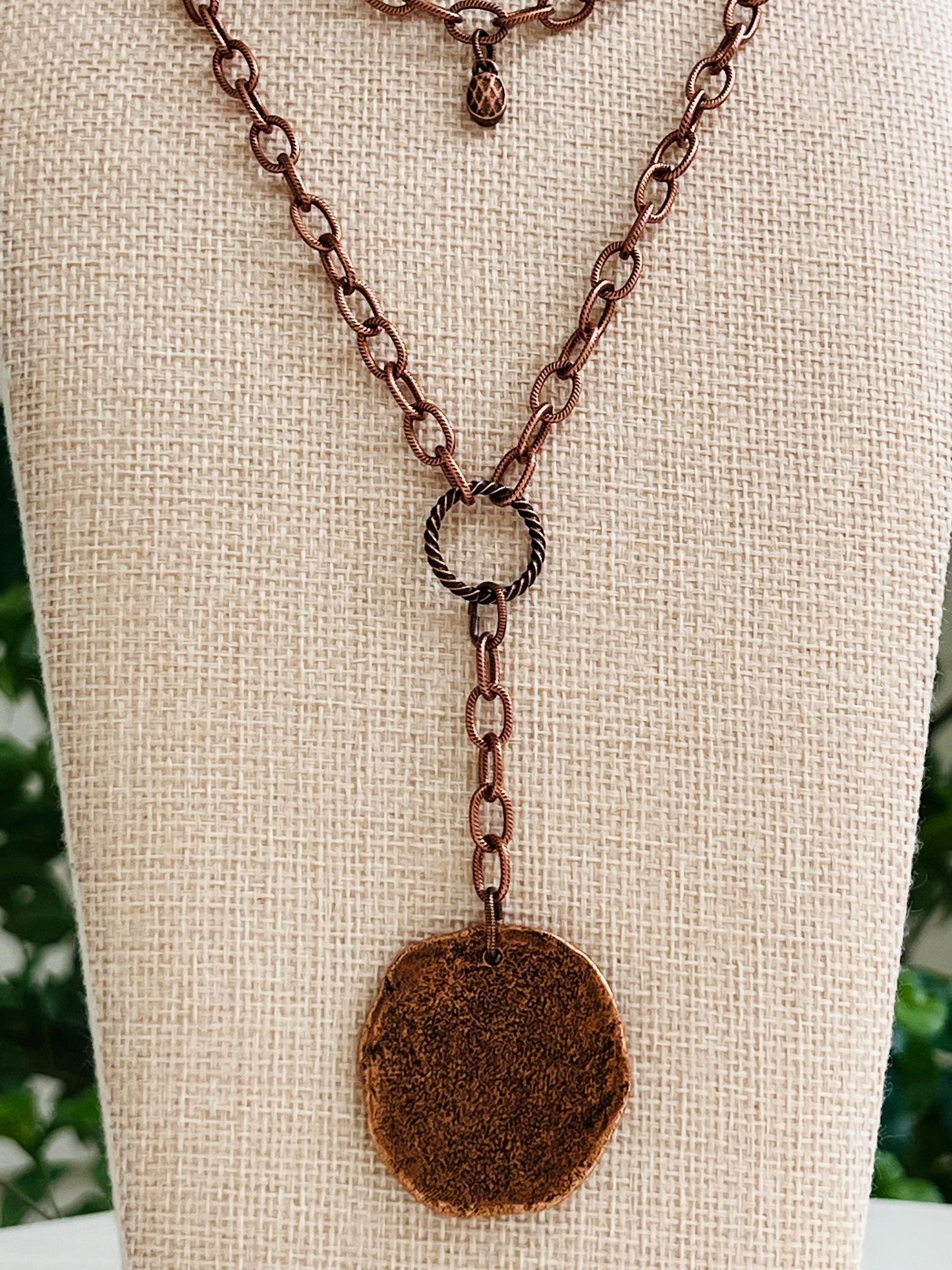 Copper Large Textured Cable Chain Double Strand Necklace with Large Organic Copper Coin Pendant Drop Gorgeous Layered Necklace