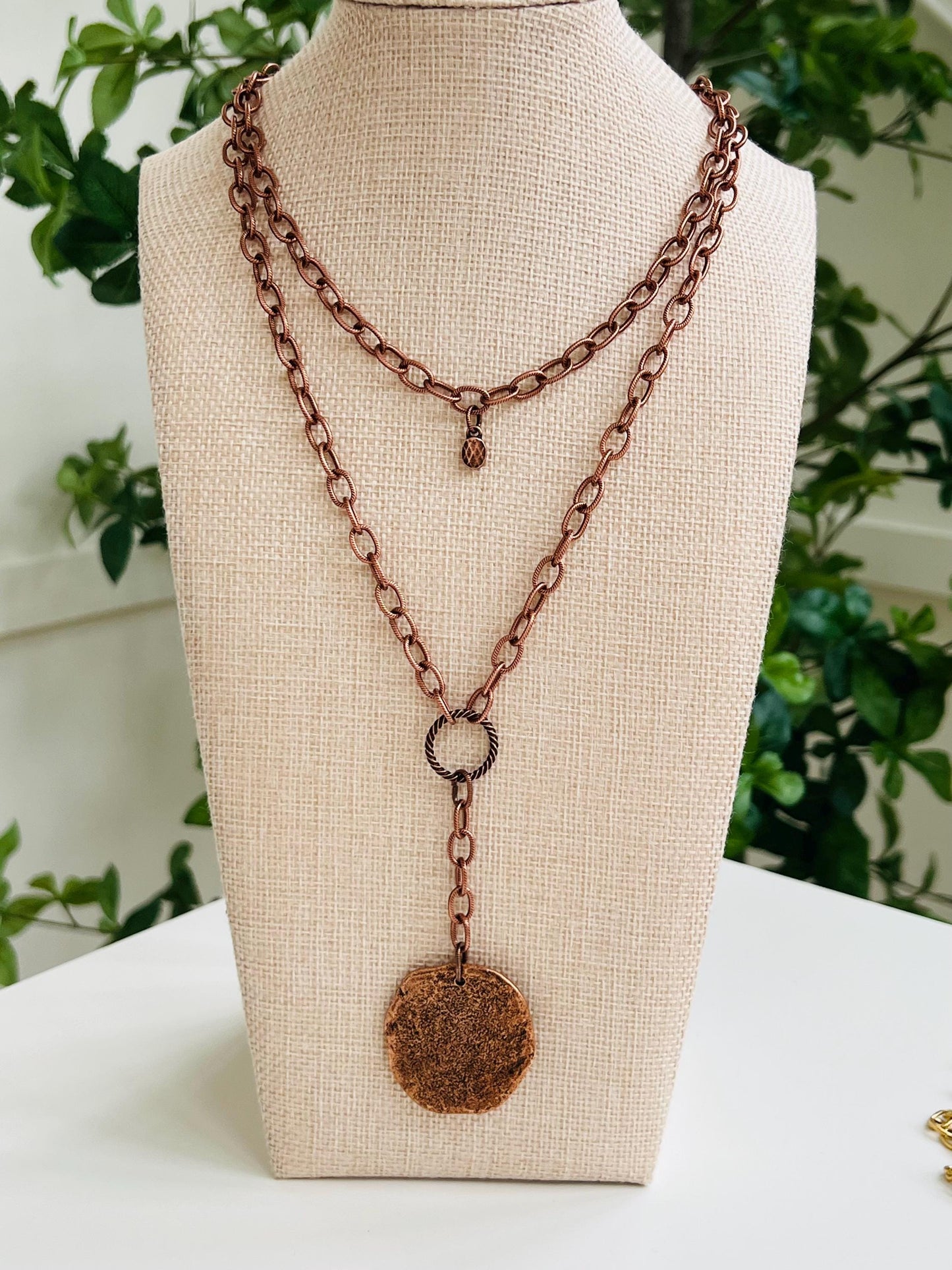 Copper Large Textured Cable Chain Double Strand Necklace with Large Organic Copper Coin Pendant Drop Gorgeous Layered Necklace