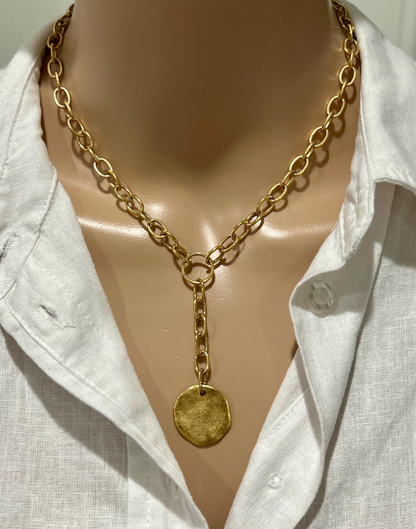 Gold Large Textured Chain Necklace with Organic Coin Pendant Drop Non-Tarnish Gold Plated Pewter Pendant Versatile Length Layering Necklace
