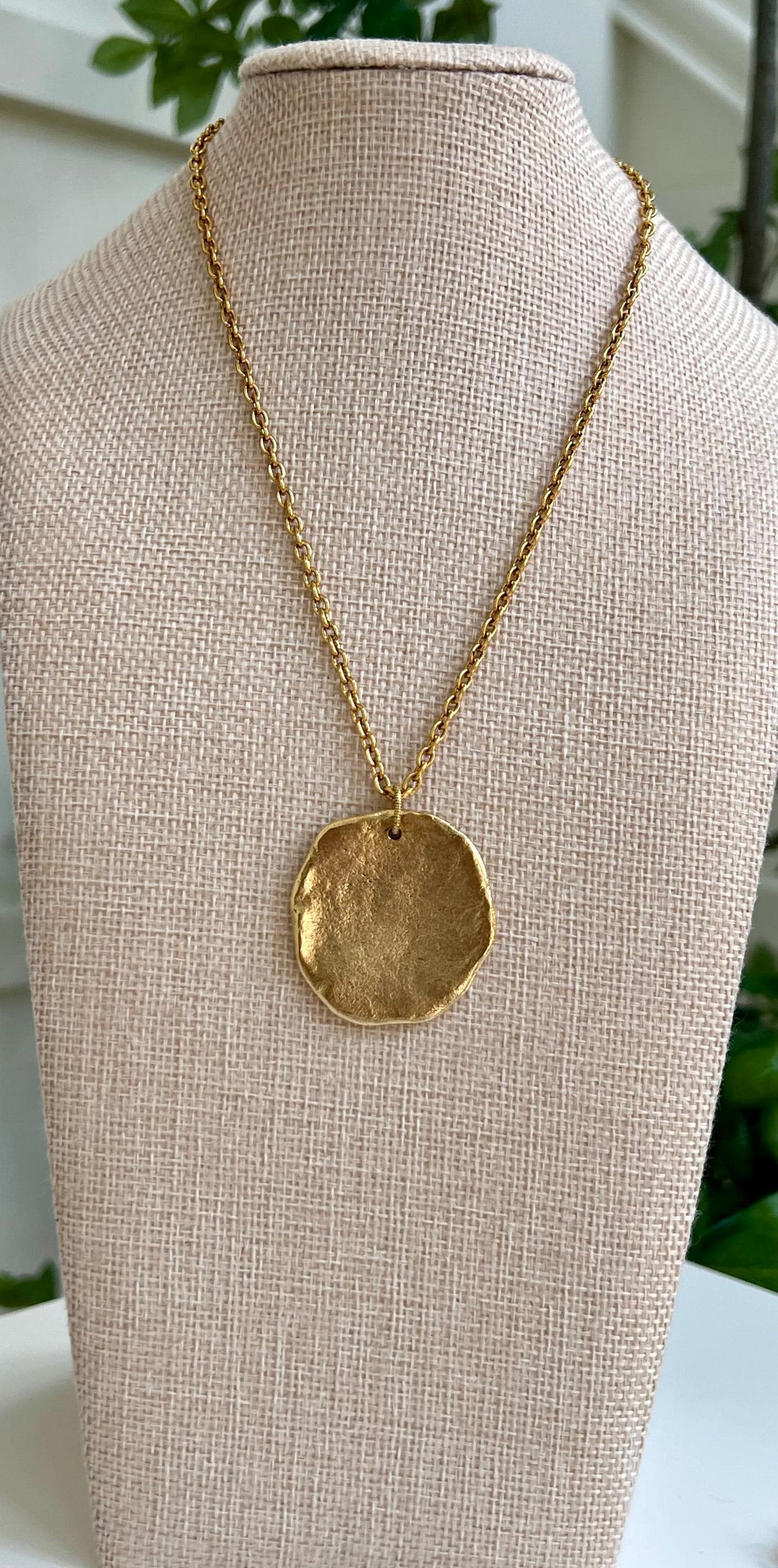 Small Cable Chain Necklace with Large Organic Coin Pendant