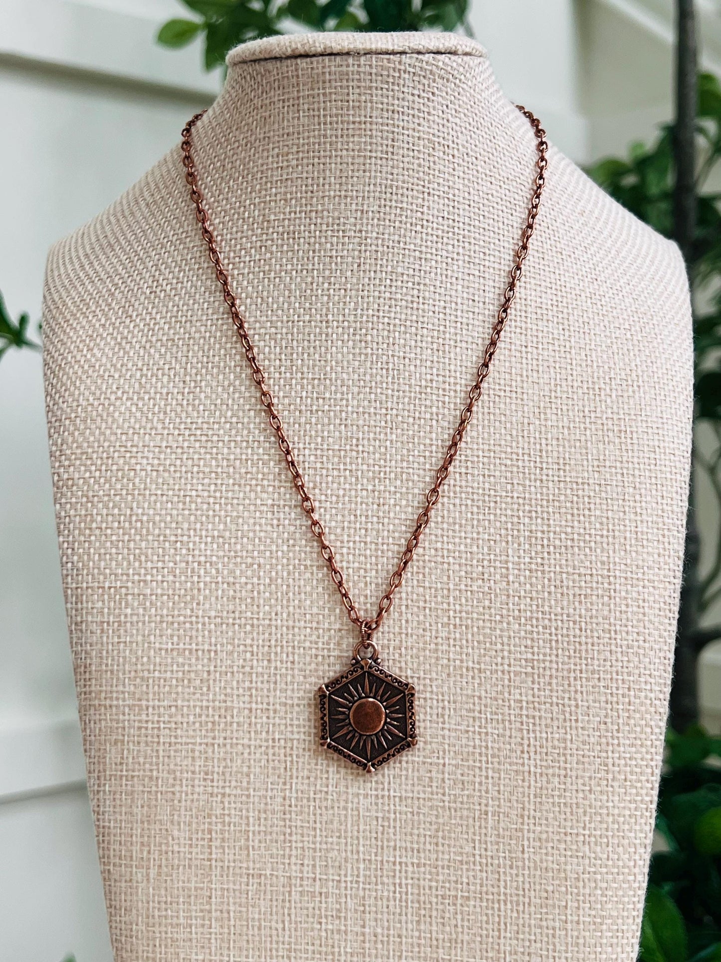 Copper Delicate Paperclip Layering Necklace with Sun and Moon Pendant Layering Statement Necklace Non-tarnish Copper Plated Pewter Necklace