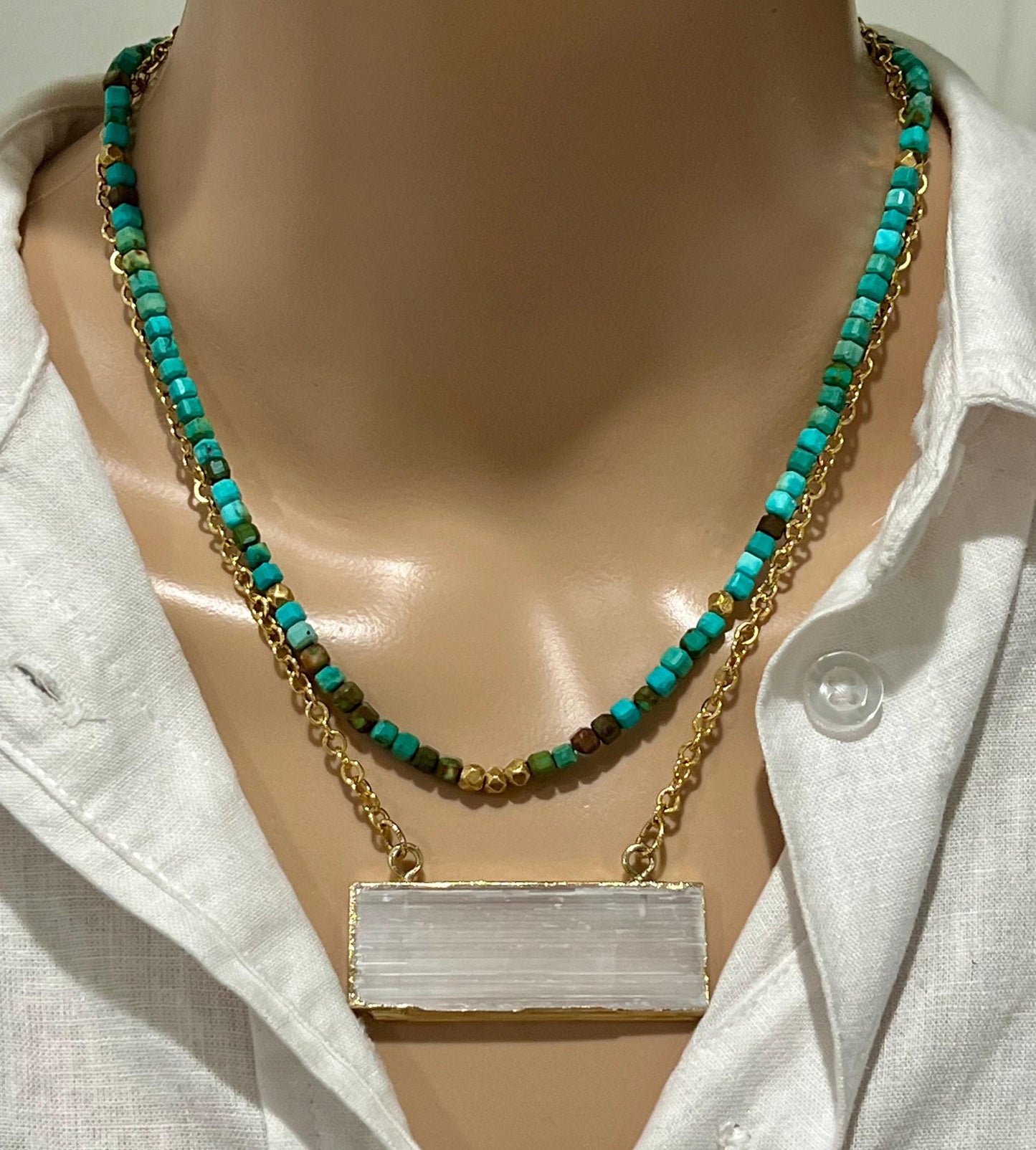 Gold Small Hammered Cable Link Selenite Layering Necklace Gold Rectangular Selenite Pendant Gorgeous Layering Statement Necklace