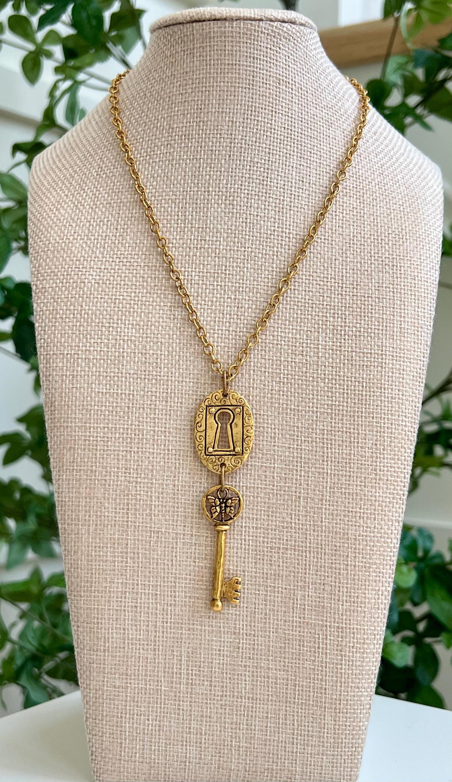 Gold or Silver Classic Textured Cable Chain Necklace Lock and Key Pendant Layering Statement Necklace Whimsical Necklace Green Girl Studios