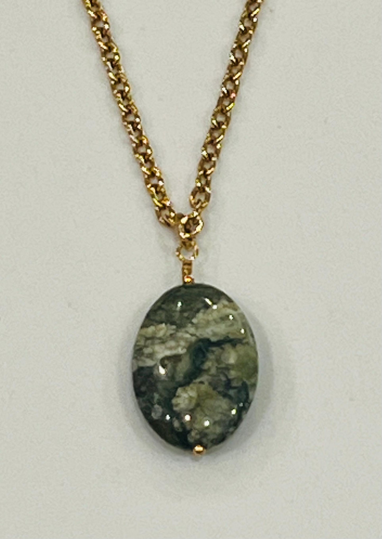Gold Classic Cable Pendant Drop Necklace with Rhyolite Jasper Drop Pendant Statement Necklace Rainforest Jasper Pendant Layering Necklace
