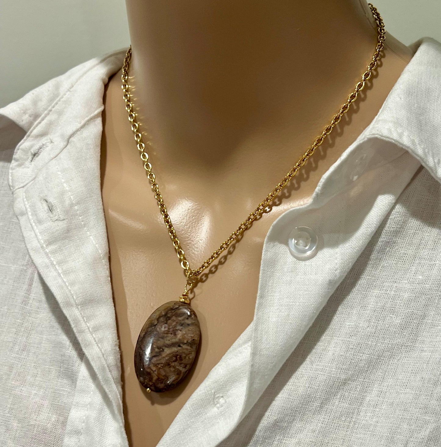 Gold Classic Cable Chain with Oval Pietersite Pendant Statement Necklace Pietersite Pendant Layering Necklace Brown Stone Pendant