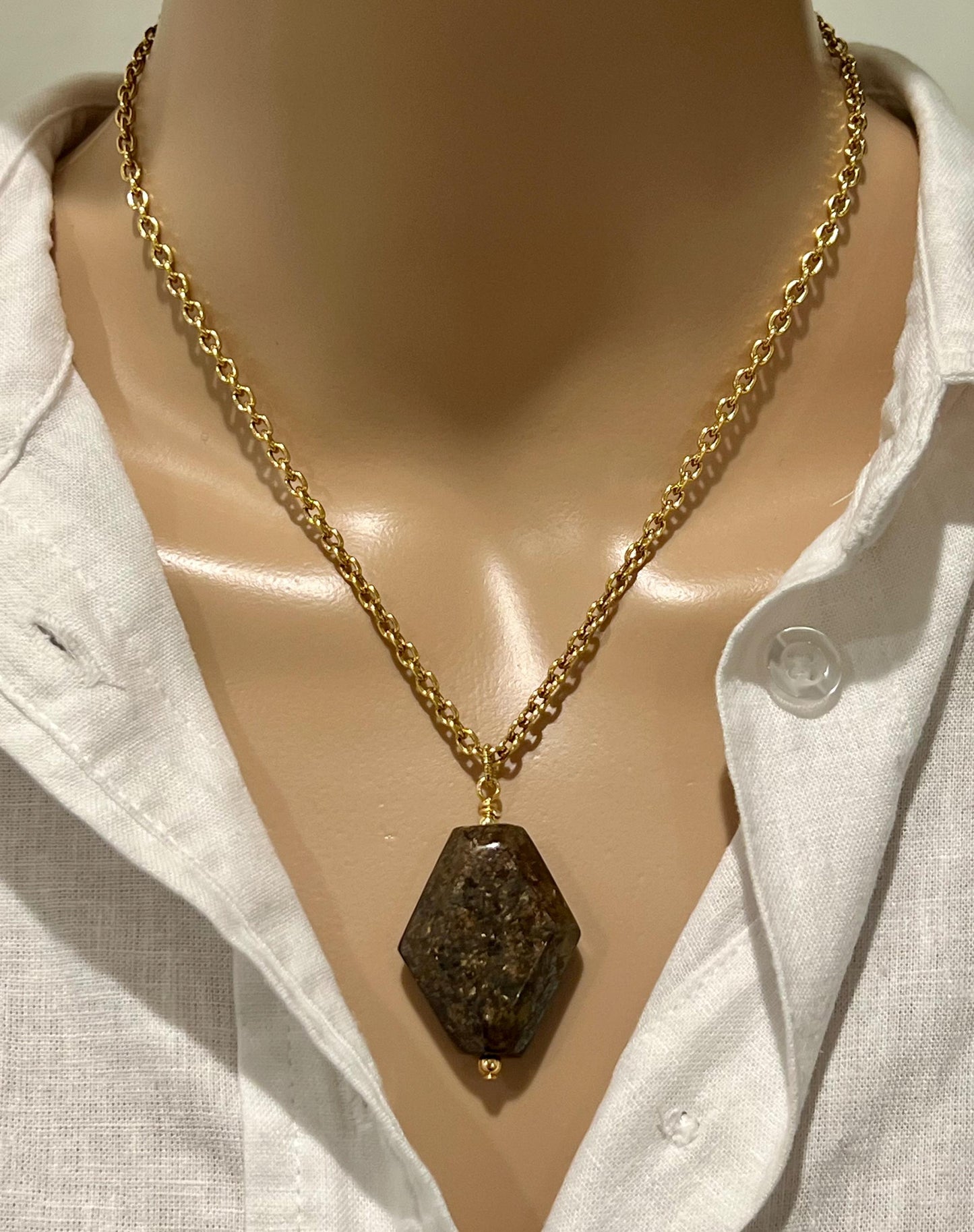 Gold Classic Cable Chain with Diamond Shaped Bronzite Pendant Statement Necklace Bronzite Pendant Layering Necklace