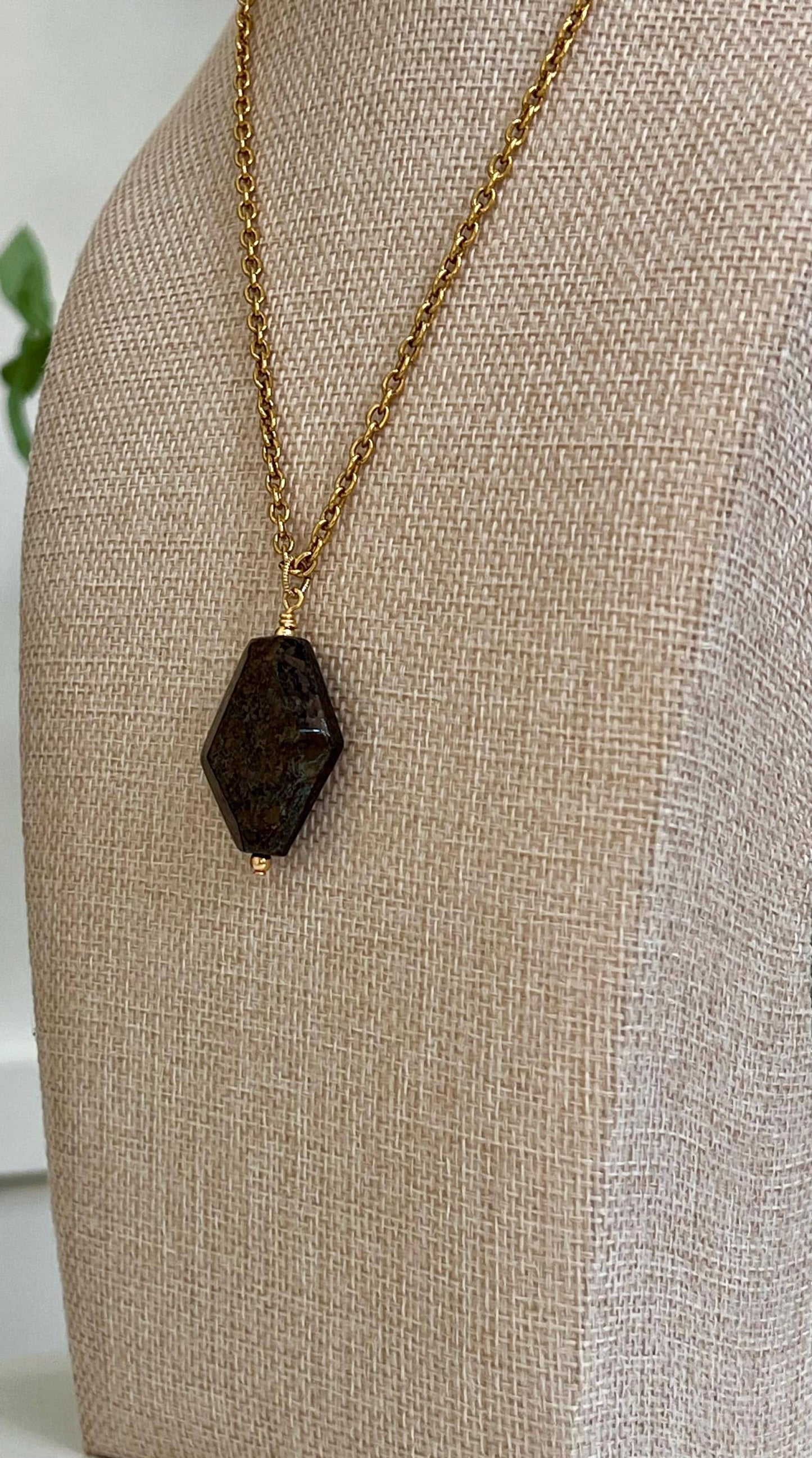 Gold Classic Cable Chain with Diamond Shaped Bronzite Pendant Statement Necklace Bronzite Pendant Layering Necklace