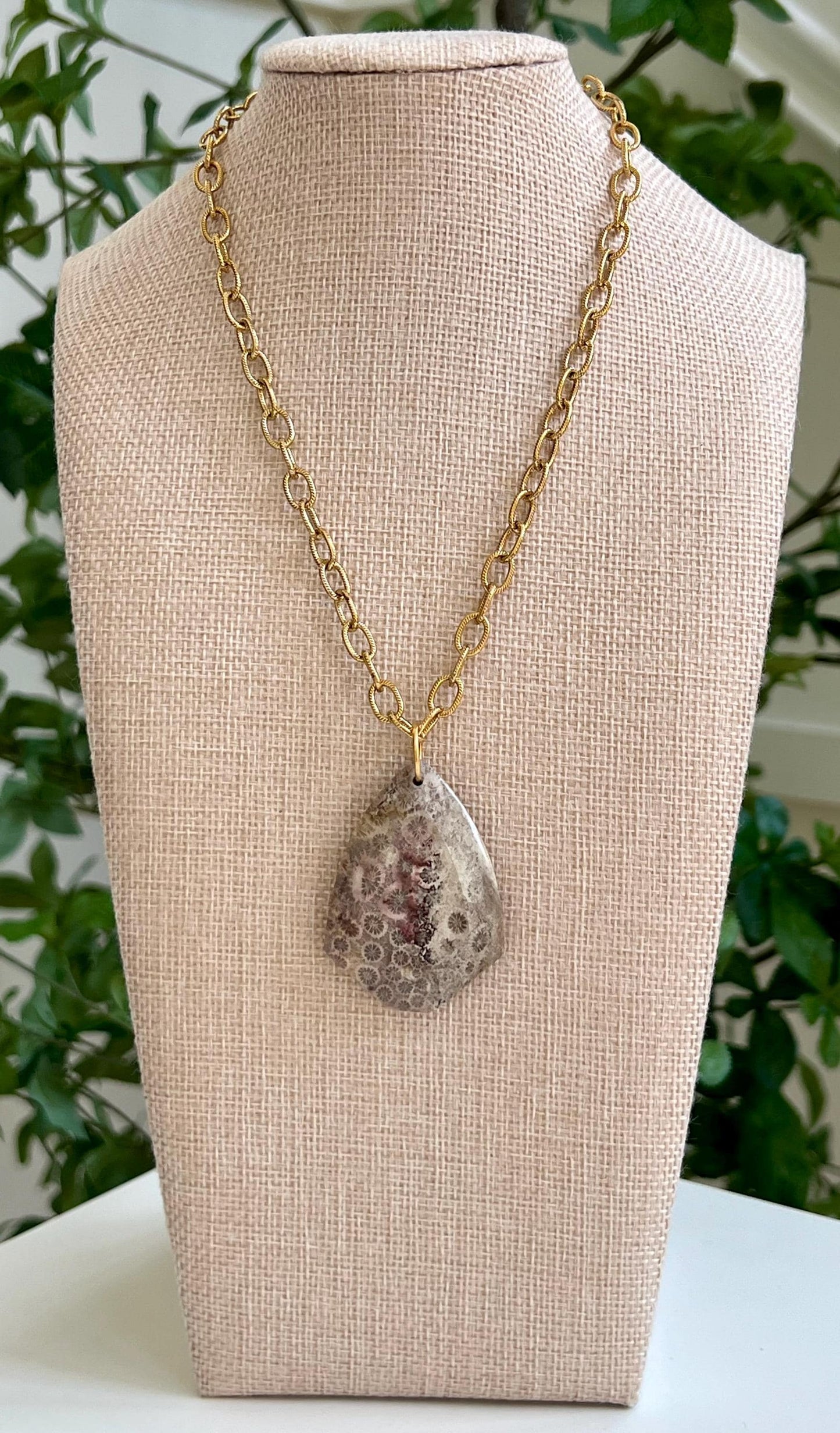 Gold Textured Large Cable Chain with Large Fossil Coral Pendant Necklace Drop Pendant Statement Necklace Large Stone Pendant Necklace