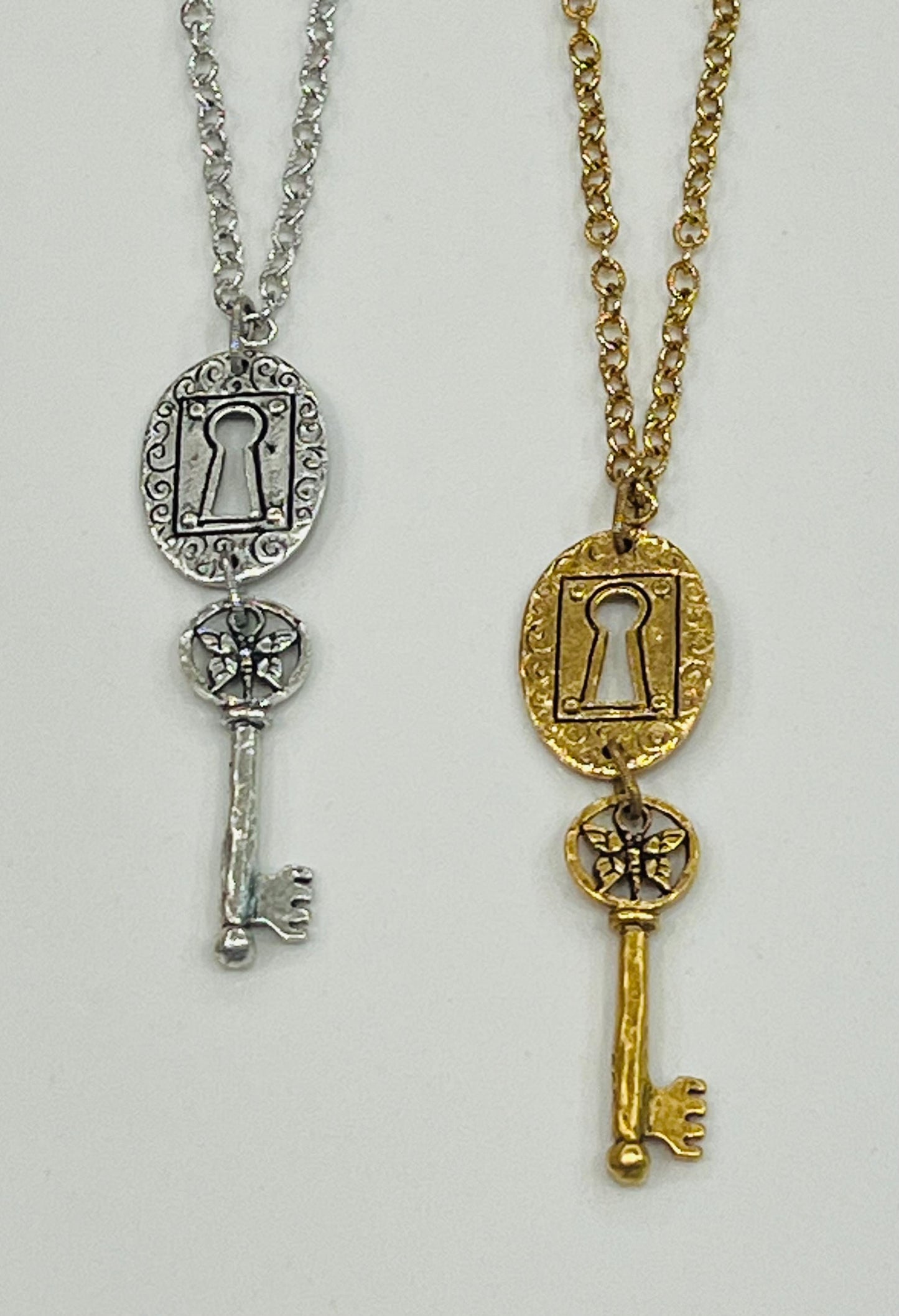 Gold or Silver Classic Textured Cable Chain Necklace Lock and Key Pendant Layering Statement Necklace Whimsical Necklace Green Girl Studios