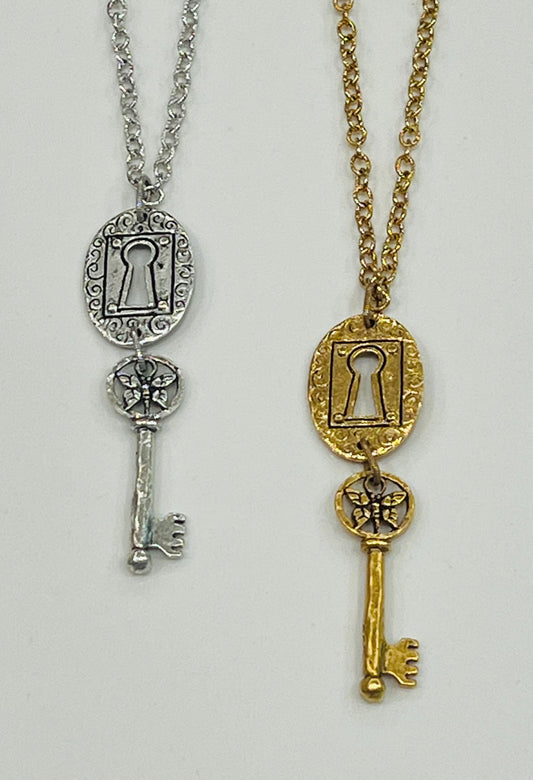Gold or Silver Classic Textured Cable Chain Necklace Lock and Key Pendant Layering Statement Necklace Whimsical Necklace Green Girl Studios