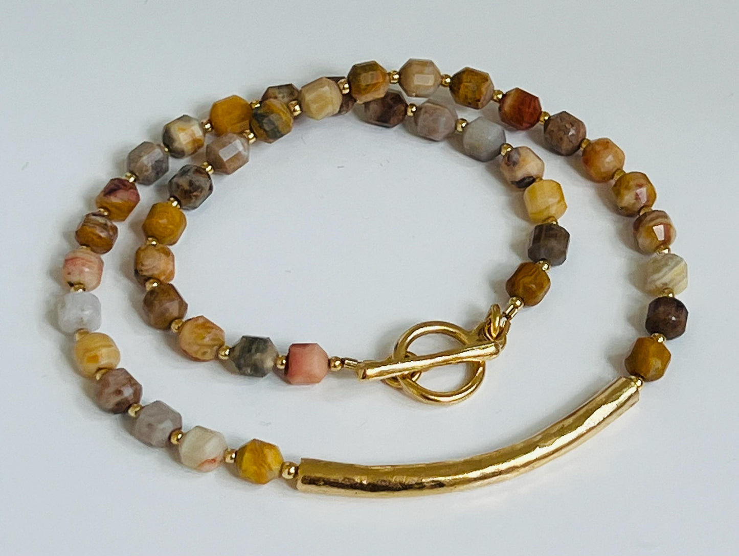 Crazy Lace Agate Beaded Necklace Non-Tarnish Large Curved Bar Natural Semi-Precious Gemstones 6mm Double Point Faceted Stones Toggle Clasp