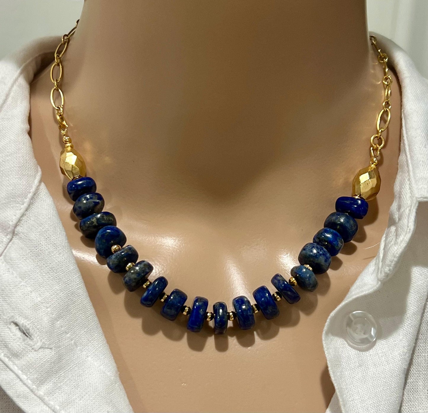 Lapis Beaded Statement Necklace Natural Gemstone Layering Semi-Precious Bead Necklace 8x12mm Wheel Beads Gorgeous Natural Lapis Lazuli