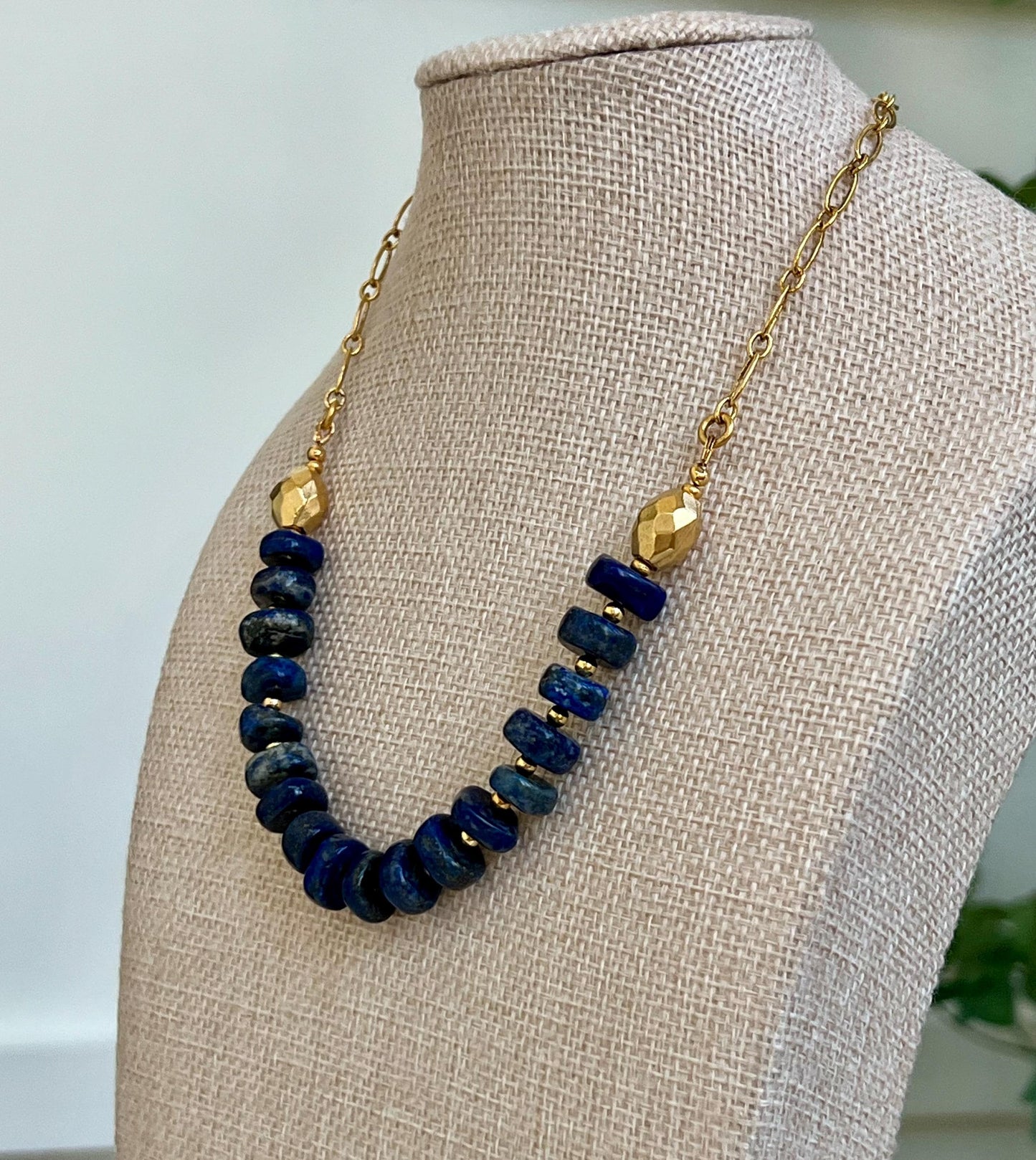 Lapis Beaded Statement Necklace Natural Gemstone Layering Semi-Precious Bead Necklace 8x12mm Wheel Beads Gorgeous Natural Lapis Lazuli