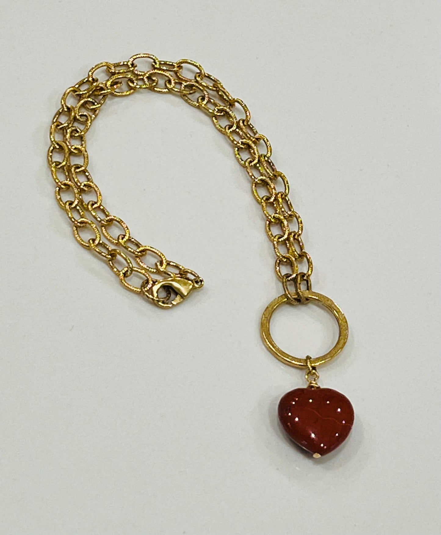 Gold Textured Cable Pendant Drop Necklace with Red Jasper Heart Pendant Gorgeous Layering Statement Necklace Gold Circle Drop Necklace