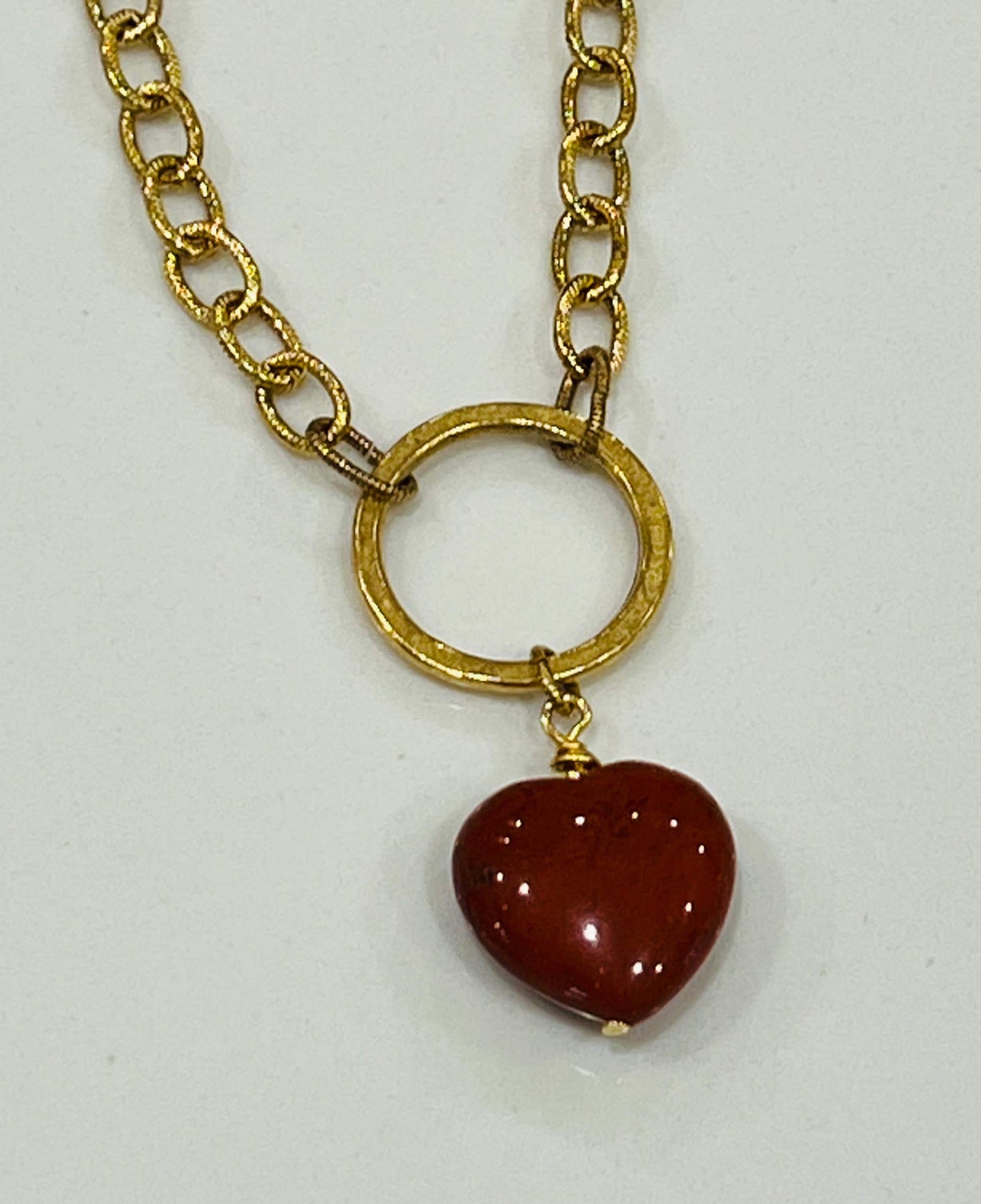 Gold Textured Cable Pendant Drop Necklace with Red Jasper Heart Pendant Gorgeous Layering Statement Necklace Gold Circle Drop Necklace