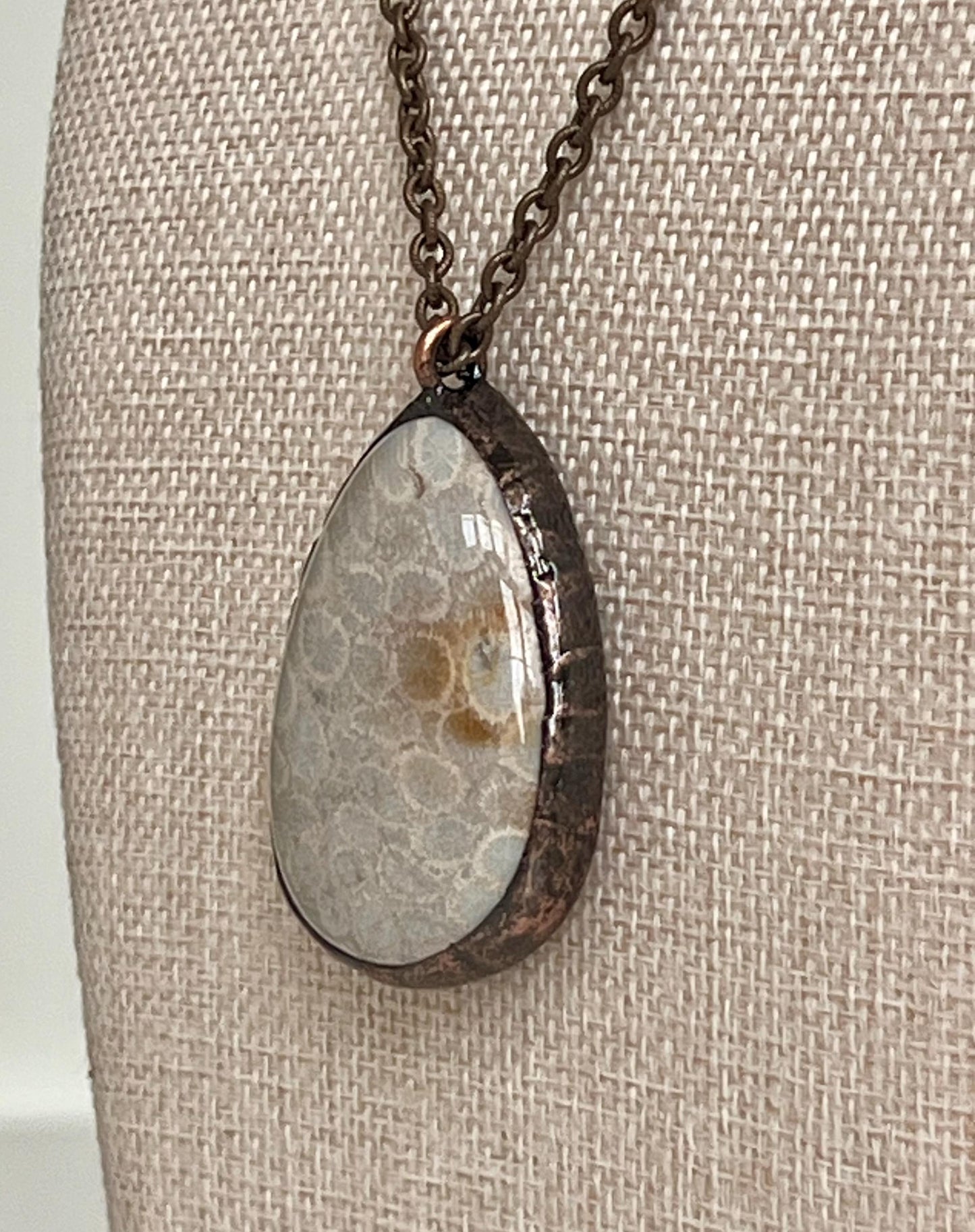 Antique Bronze Textured Cable Chain with Large Fossil Coral Pendant Necklace Drop Pendant Statement Necklace Large Stone Pendant Necklace