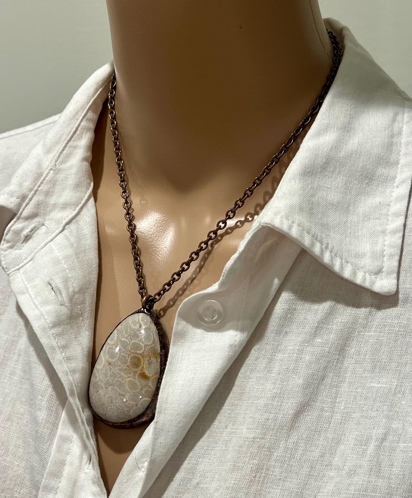 Antique Bronze Textured Cable Chain with Large Fossil Coral Pendant Necklace Drop Pendant Statement Necklace Large Stone Pendant Necklace