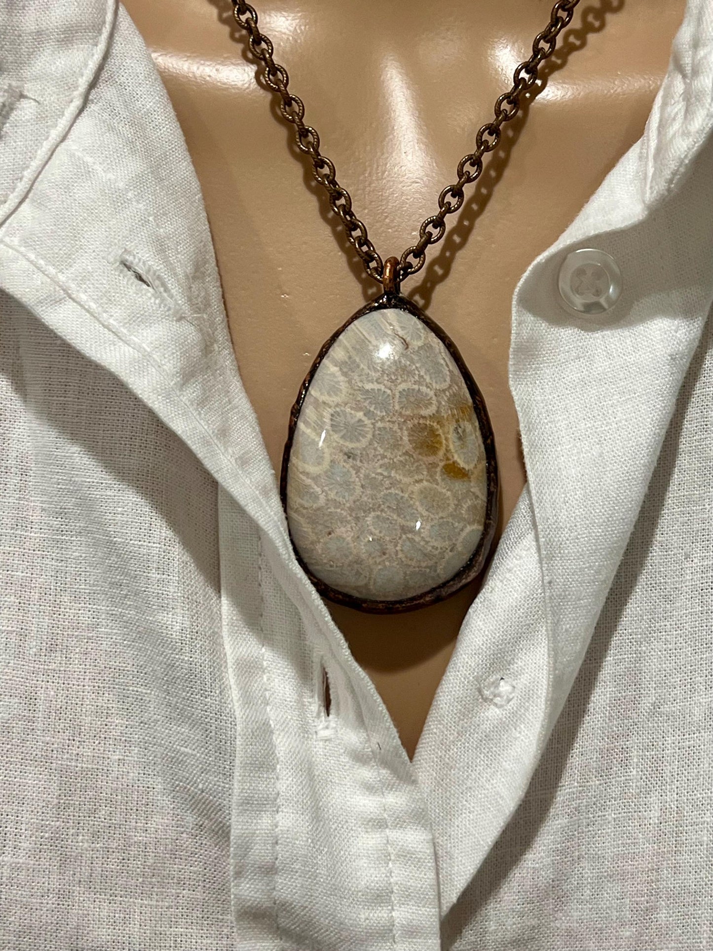 Antique Bronze Textured Cable Chain with Large Fossil Coral Pendant Necklace Drop Pendant Statement Necklace Large Stone Pendant Necklace