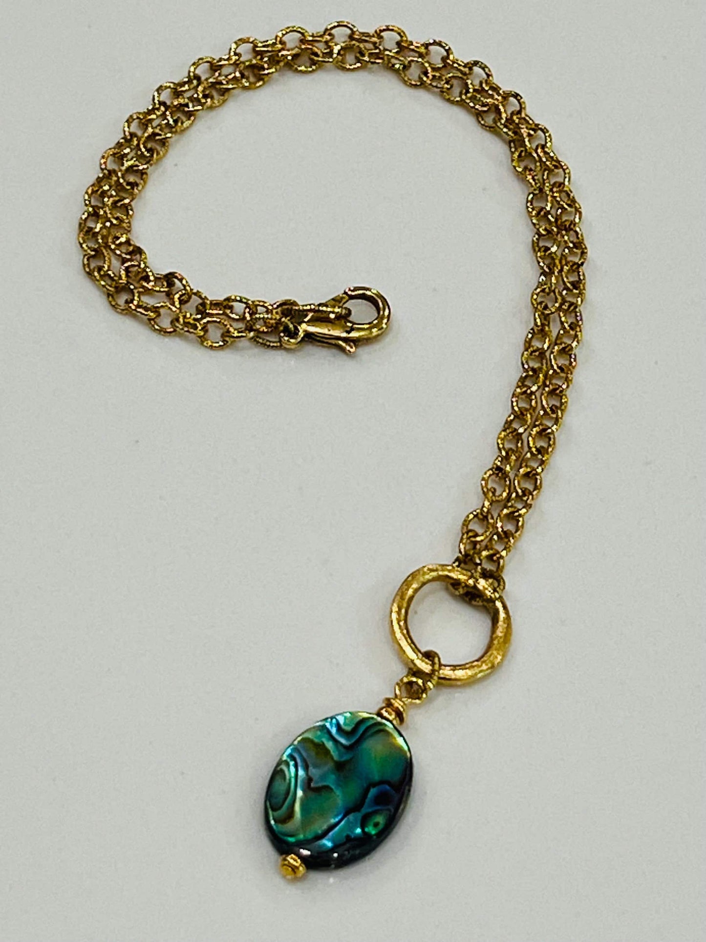 Gold Textured Cable Pendant Drop Necklace with Abalone Shell Drop Pendant Statement Necklace Gold Circle Drop Layering Necklace
