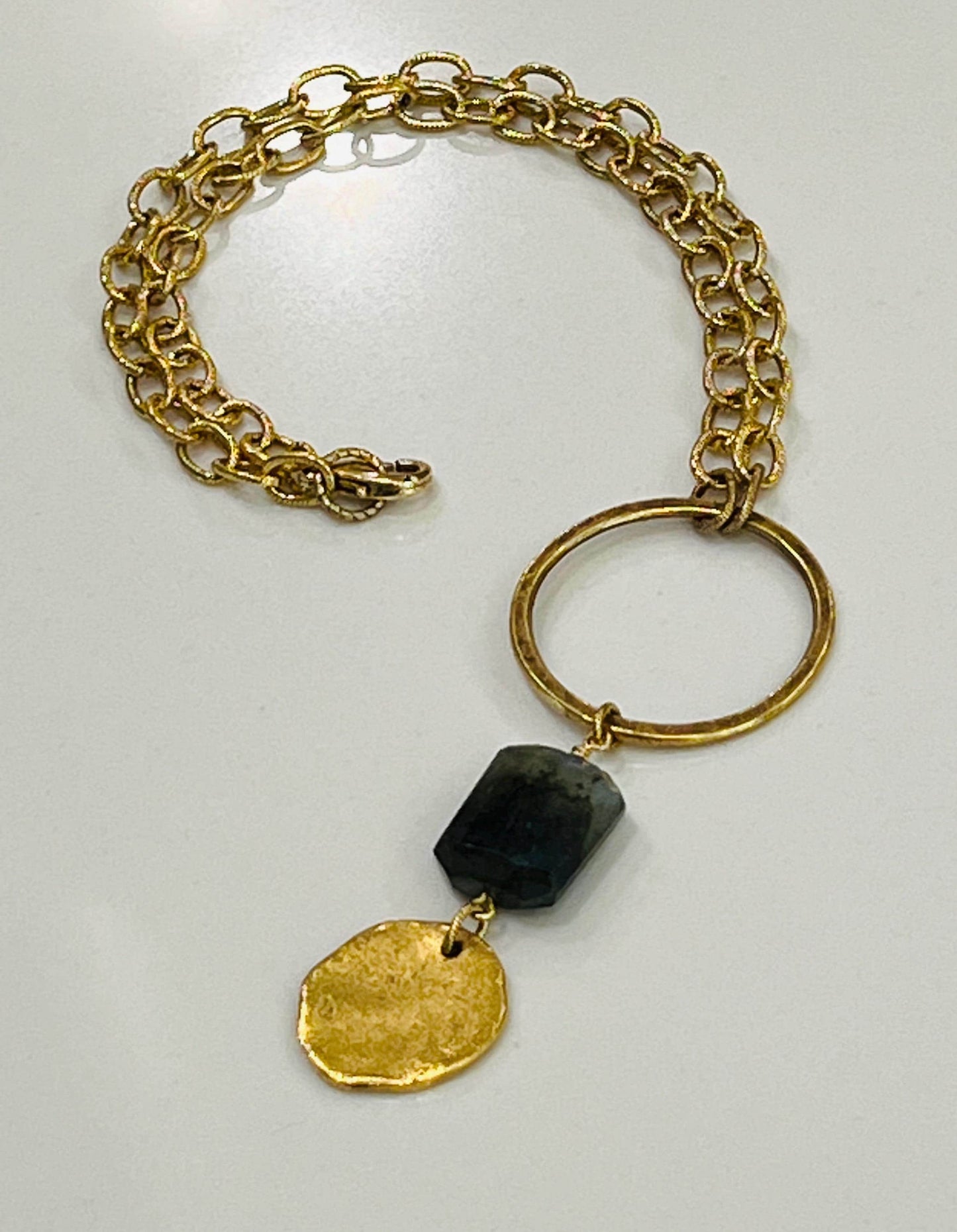 Gold Textured Cable Pendant Drop Necklace with Labradorite and Gold Coin Pendants Layering Statement Necklace Gold Coin Drop Necklace
