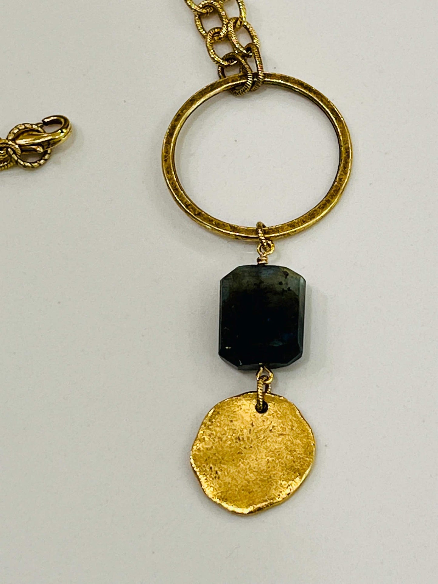 Gold Textured Cable Pendant Drop Necklace with Labradorite and Gold Coin Pendants Layering Statement Necklace Gold Coin Drop Necklace