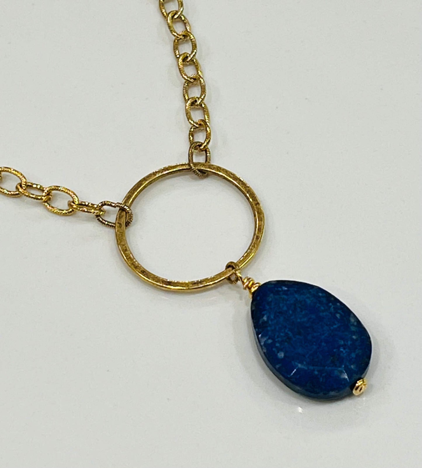 Gold Textured Cable Pendant Drop Necklace with Lapis Gemstone Pendant Layering Statement Necklace Blue Lapis Lazuli Drop Necklace