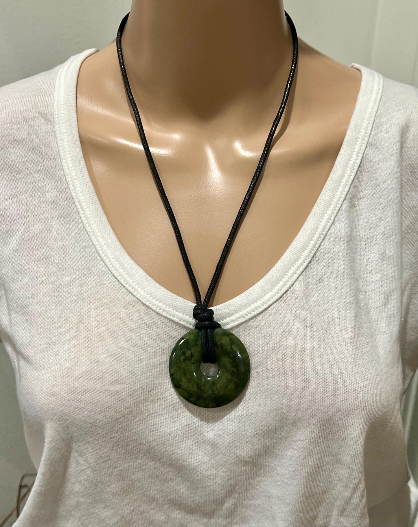Green Jade Donut Bead Necklace 50mm Gorgeous Green Jade Statement Pendant Necklace Layering Necklace Semi-Precious Natural Gemstones