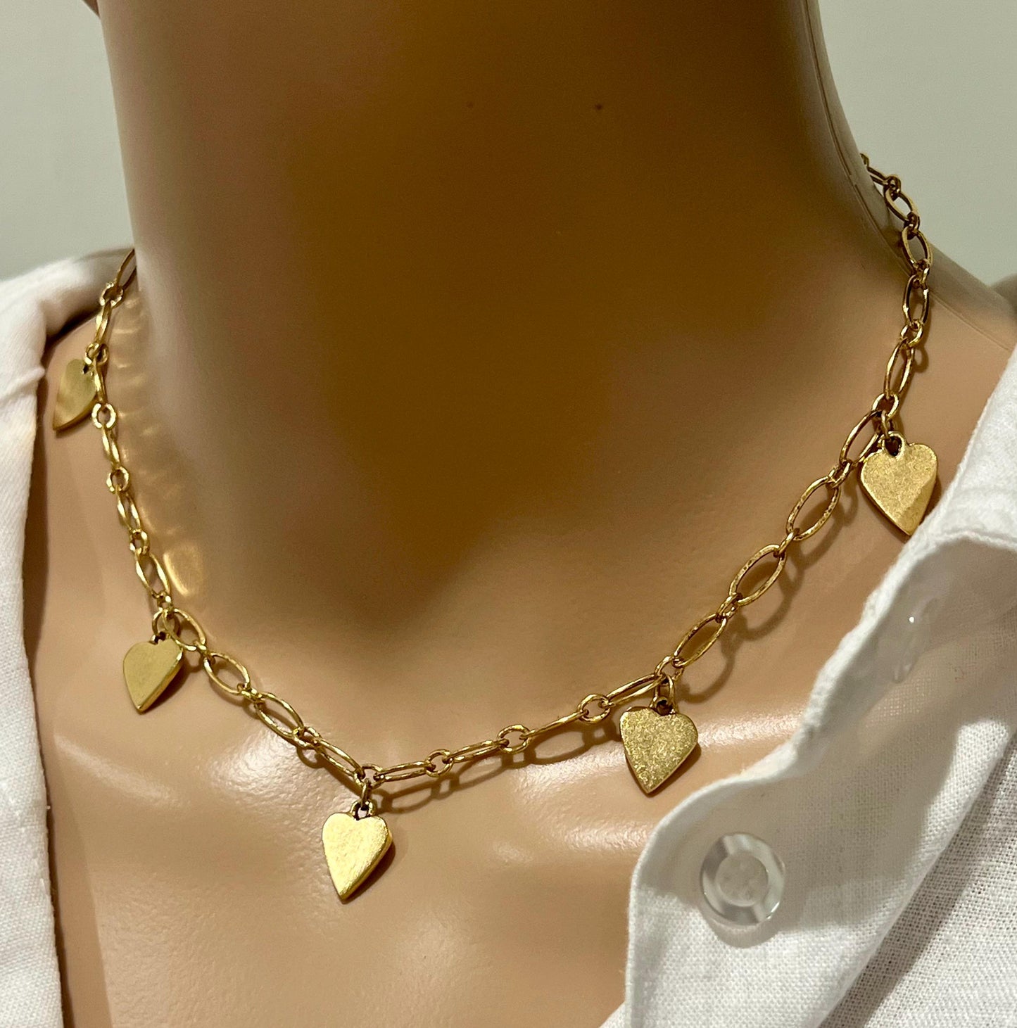 Dainty Gold Oval Link Chain Dangle Necklace with Heart Tags Non-Tarnish Gold Plated Pewter on Adjustable Length Gold Textured Chain Necklace