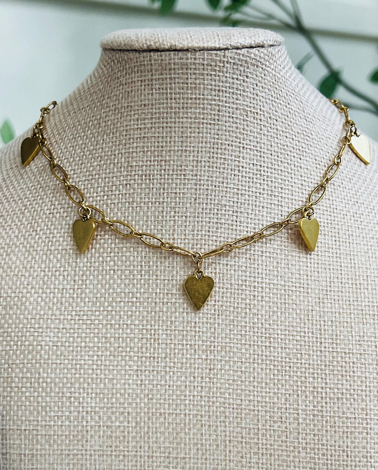 Dainty Gold Oval Link Chain Dangle Necklace with Heart Tags Non-Tarnish Gold Plated Pewter on Adjustable Length Gold Textured Chain Necklace