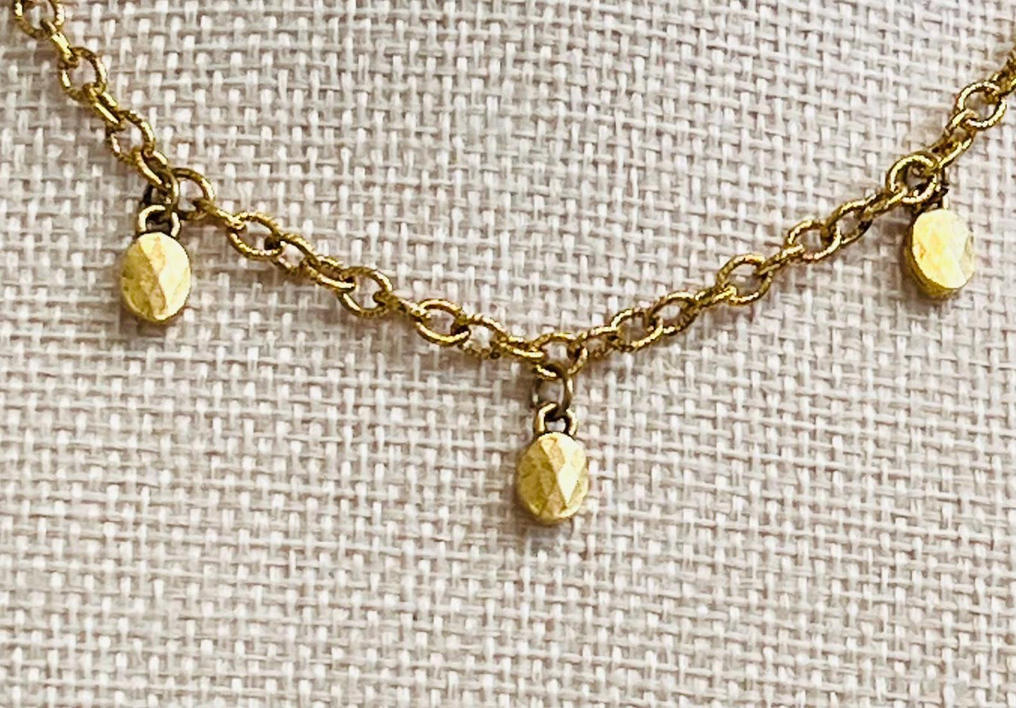 Dainty Gold Dangle Necklace Small Faceted Oval Pendants Non-Tarnish Gold Plated Pewter on Adjustable Length Gold Textured Chain Necklace