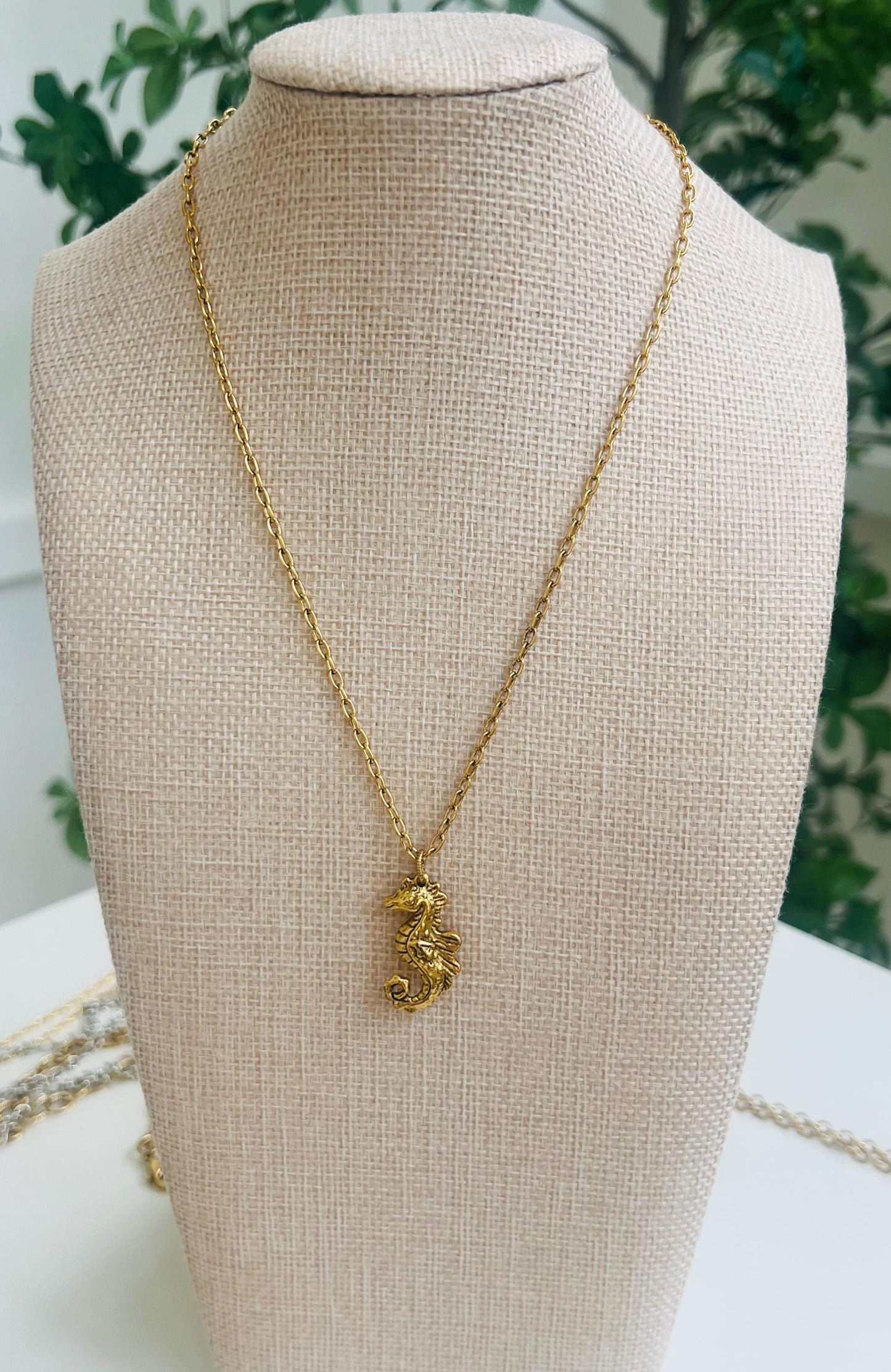 Gold Delicate Paperclip Layering Necklace with Seahorse Pendant Gorgeous Layering Statement Sea Creature Necklace Green Girl Studios