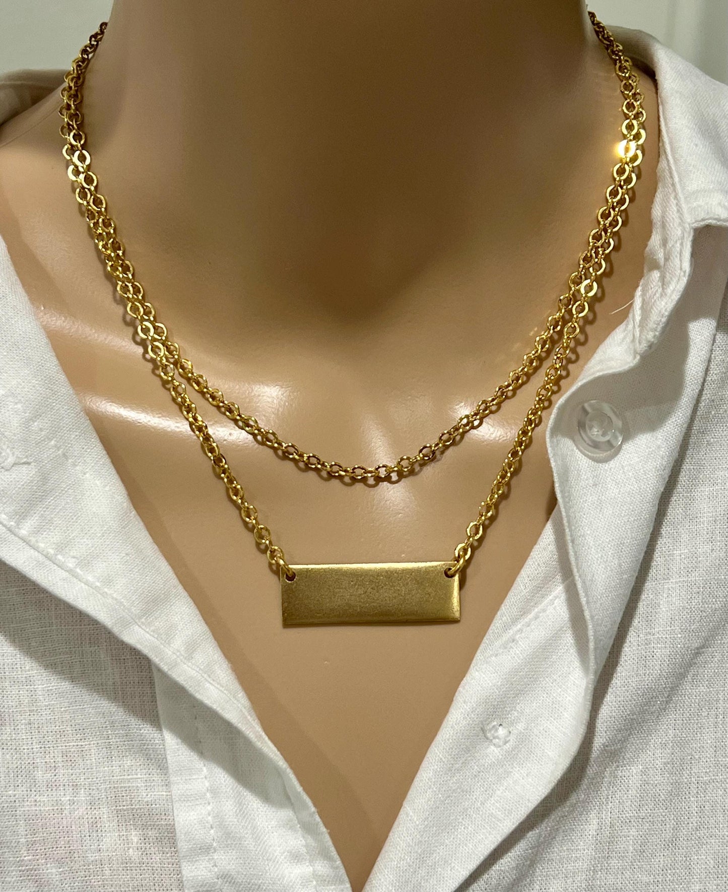 Gold Small Hammered Cable Link 2 Strand Layering Necklace with Gold Rectangular Tag Pendant Gorgeous Layering Statement Necklace