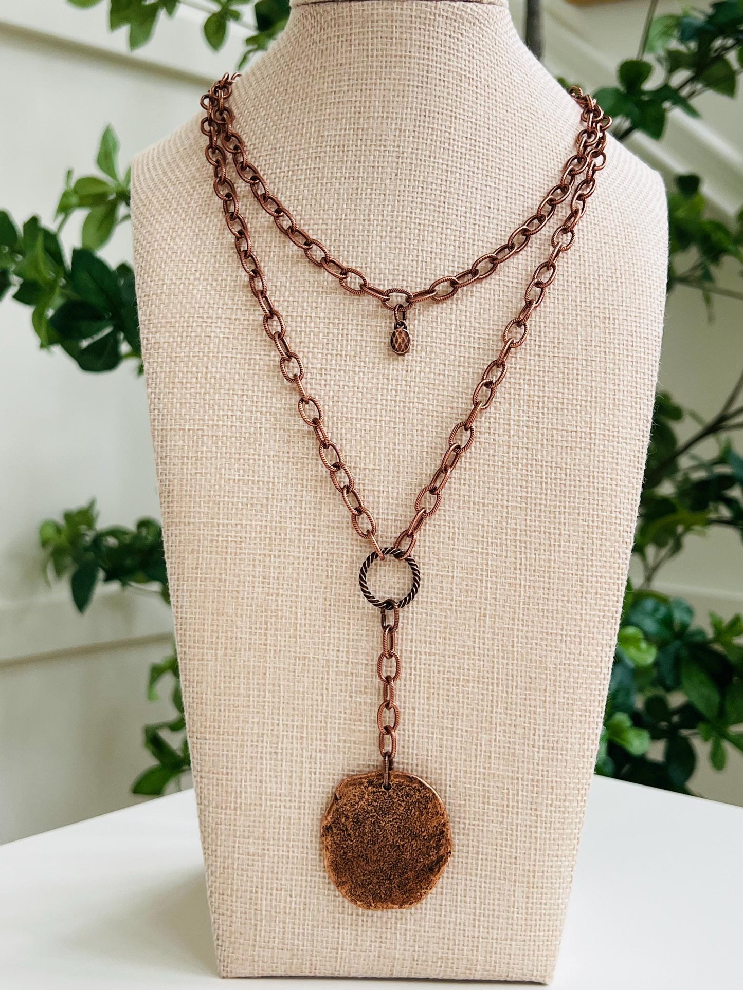 Copper Large Textured Cable Chain Double Strand Necklace with Large Organic Copper Coin Pendant Drop Gorgeous Layered Necklace