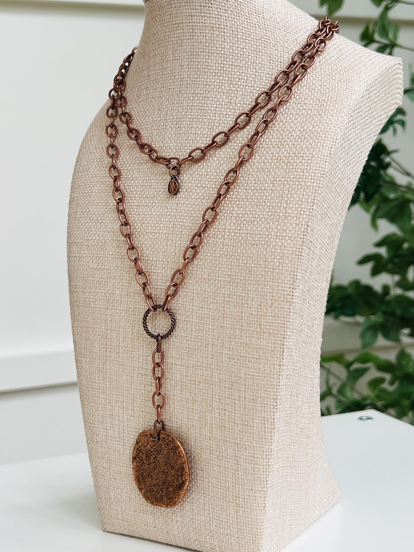 Copper Large Textured Cable Chain Double Strand Necklace with Large Organic Copper Coin Pendant Drop Gorgeous Layered Necklace