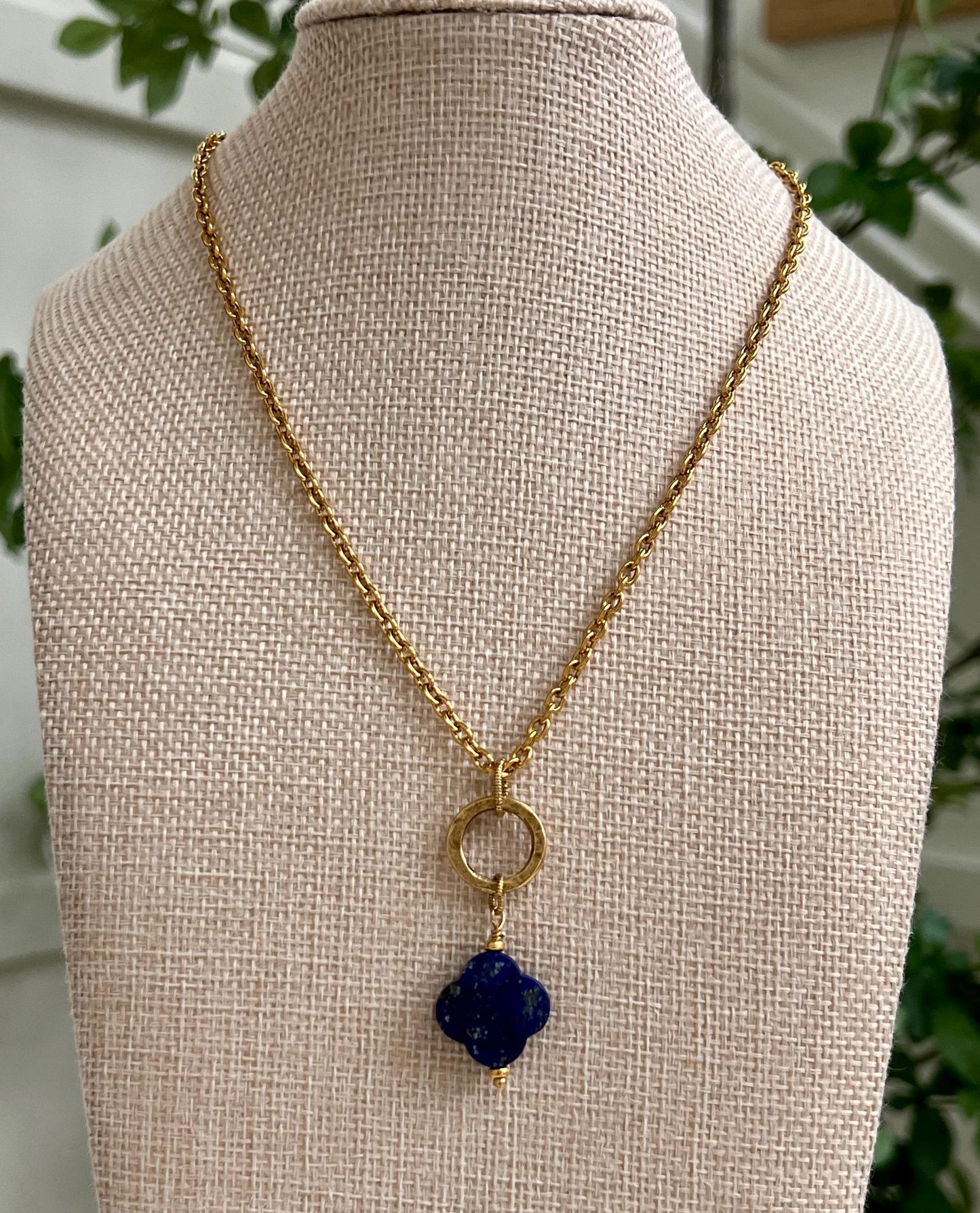 Gold Delicate Classic Cable Chain with Lapis Clover Pendant and Hoop Adjustable Length Necklace Blue and Gold Pendant Layering Necklace
