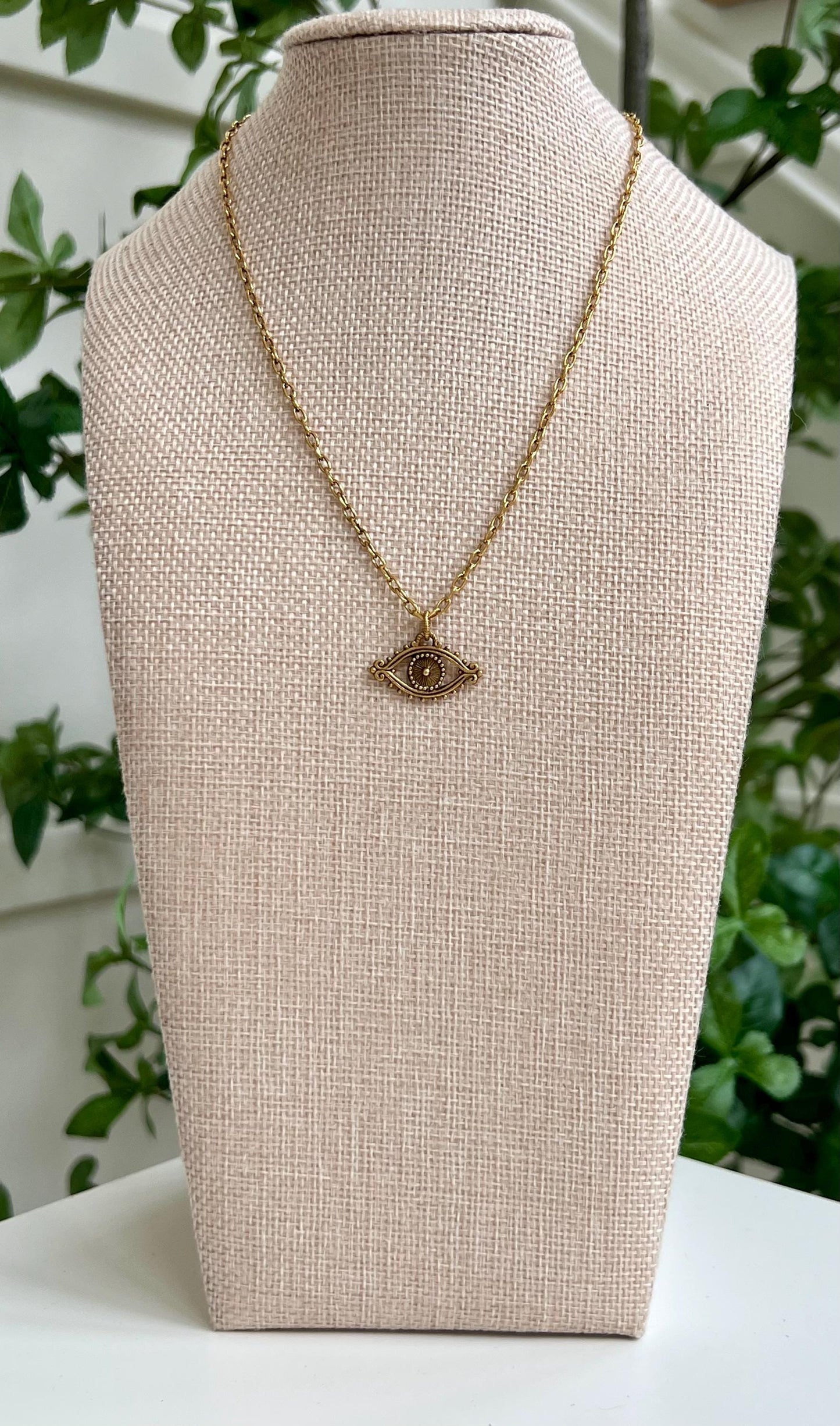 Gold Delicate Paperclip Layering Necklace with Evil Eye Pendant