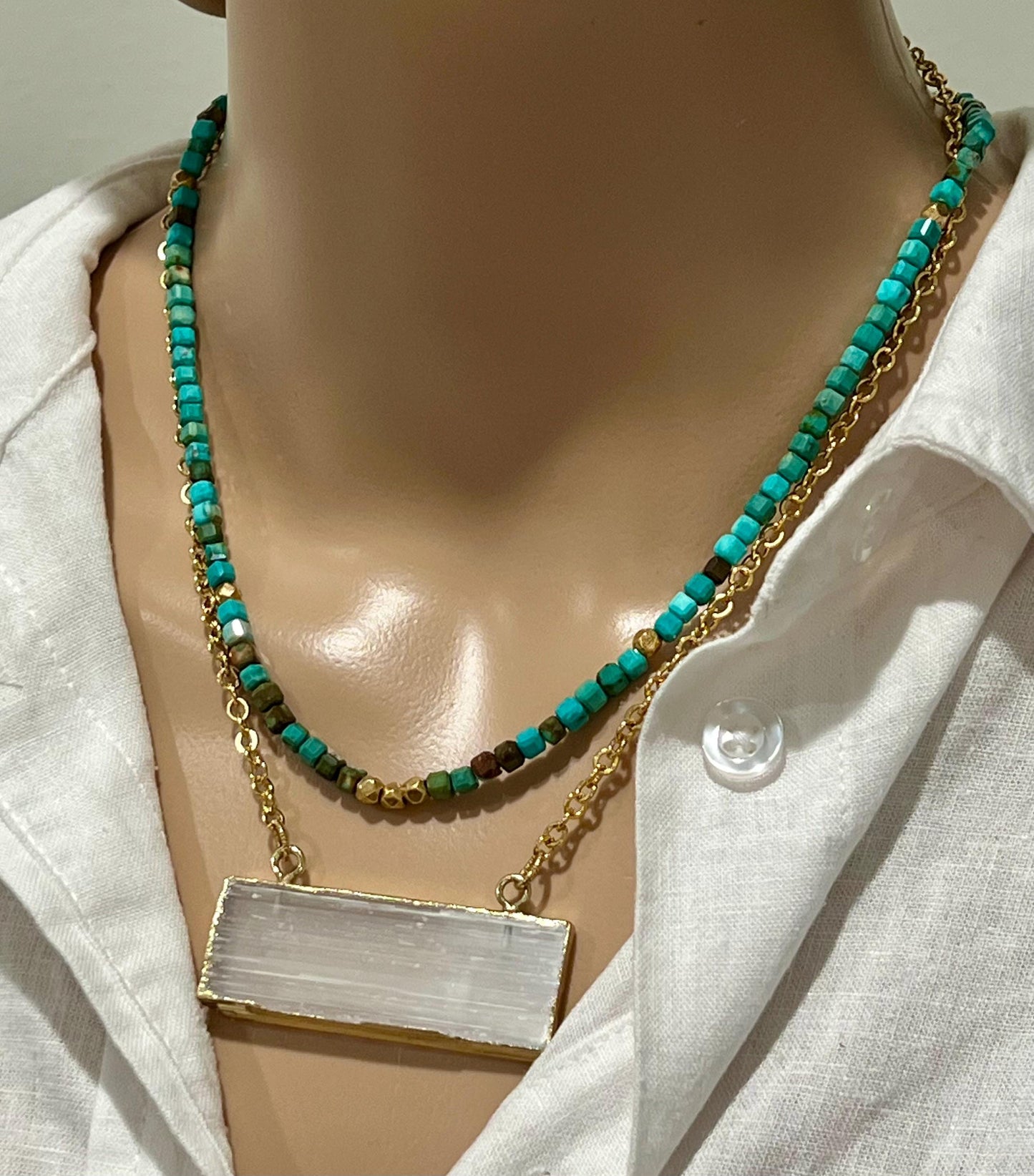 Gold Small Hammered Cable Link Selenite Layering Necklace Gold Rectangular Selenite Pendant Gorgeous Layering Statement Necklace