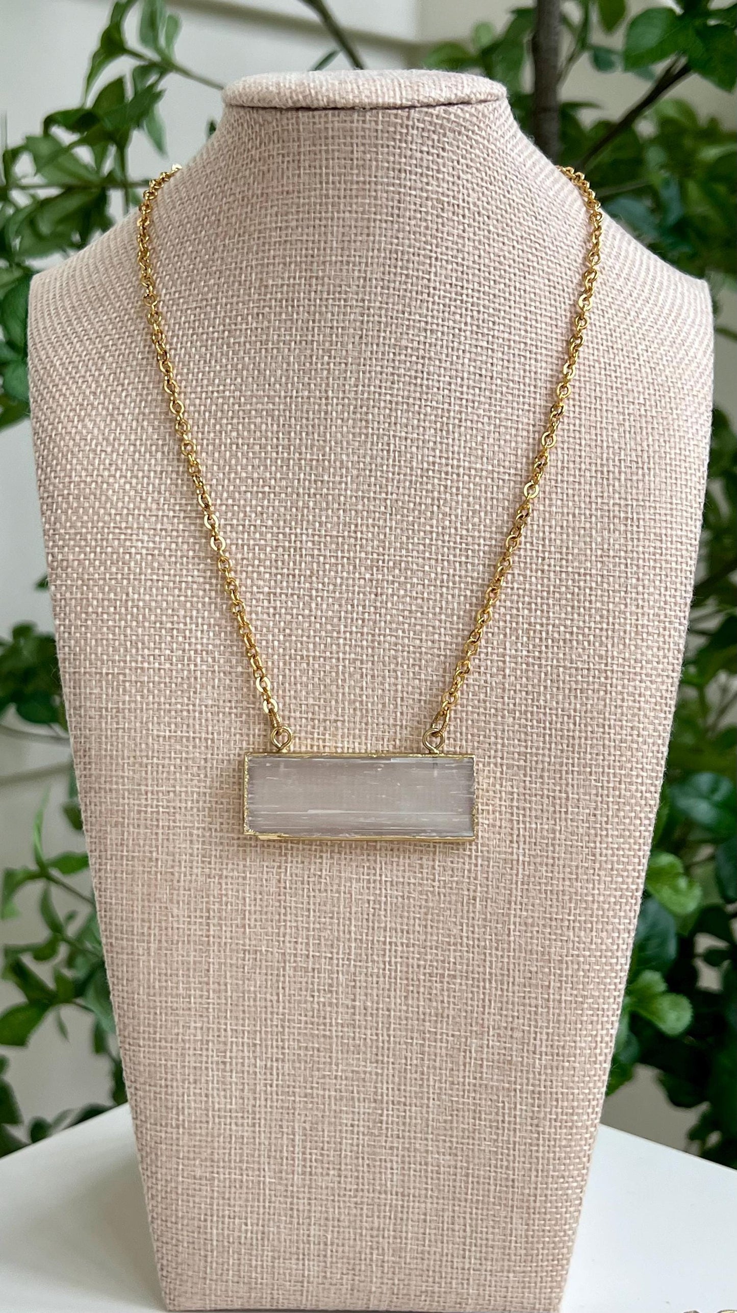 Gold Small Hammered Cable Link Selenite Layering Necklace Gold Rectangular Selenite Pendant Gorgeous Layering Statement Necklace