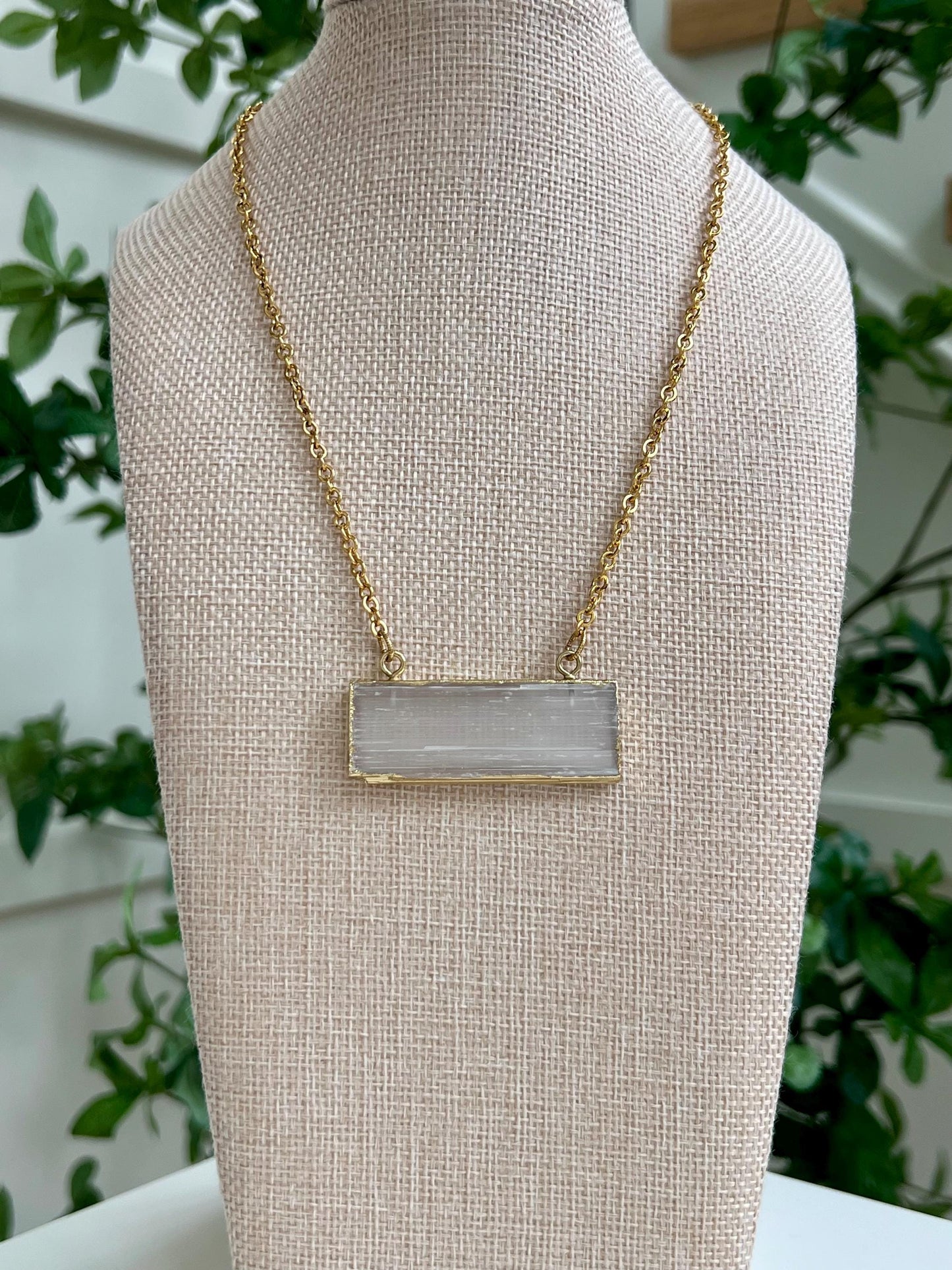 Gold Small Hammered Cable Link Selenite Layering Necklace Gold Rectangular Selenite Pendant Gorgeous Layering Statement Necklace