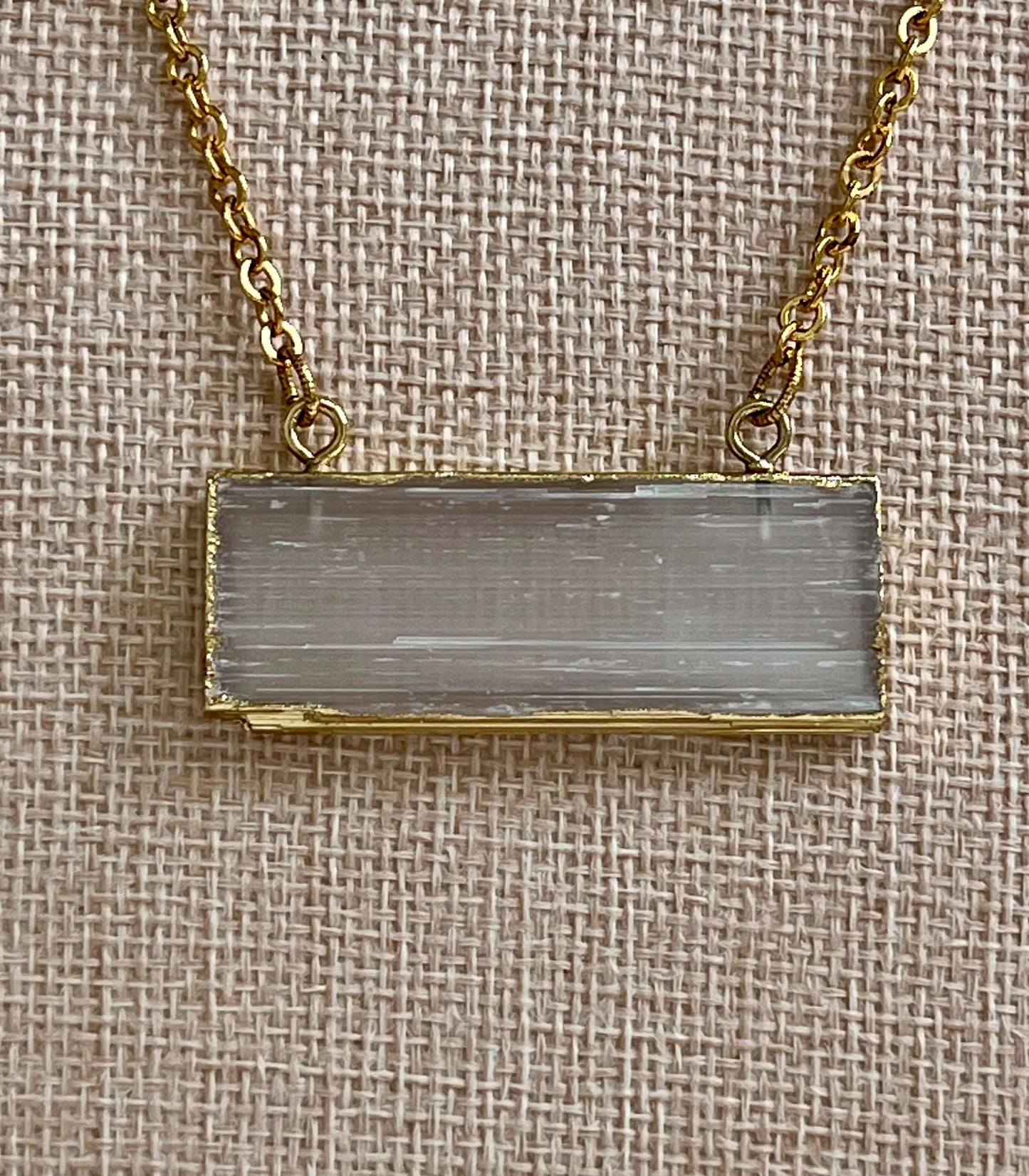 Gold Small Hammered Cable Link Selenite Layering Necklace Gold Rectangular Selenite Pendant Gorgeous Layering Statement Necklace